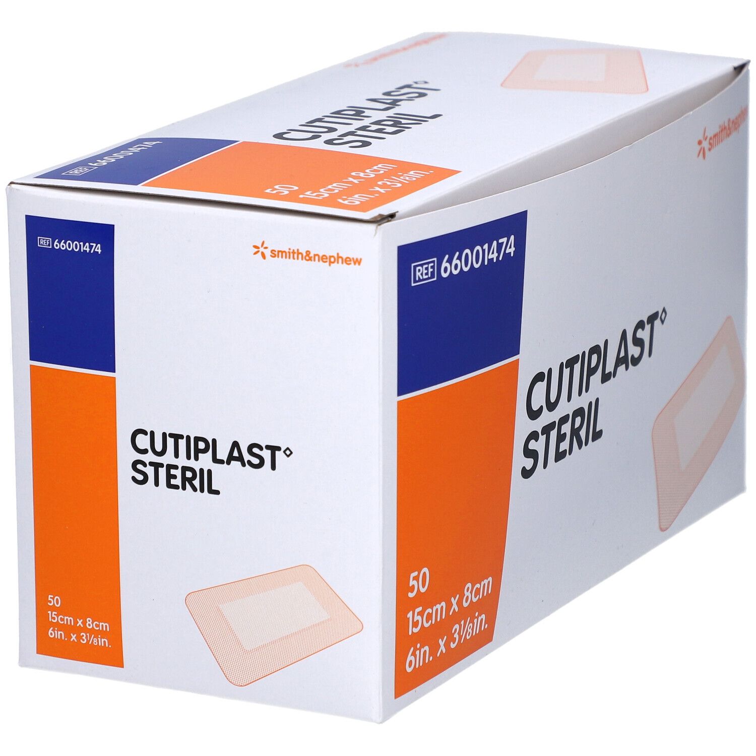 Verpackung von Smith & Nephew Cutiplast Steril. Box mit 50 Pflastern, 15x8cm. Aufdruck: Cutiplast Steril, Smith & Nephew Logo.