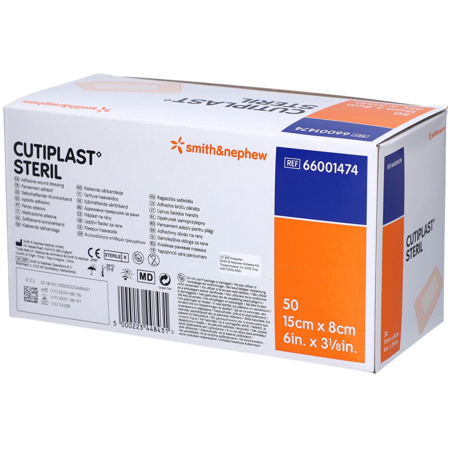 Verpackung von Smith & Nephew Cutiplast Steril. Box mit 50 Pflastern, 15x8cm. Aufdruck: Cutiplast Steril, Smith & Nephew Logo.