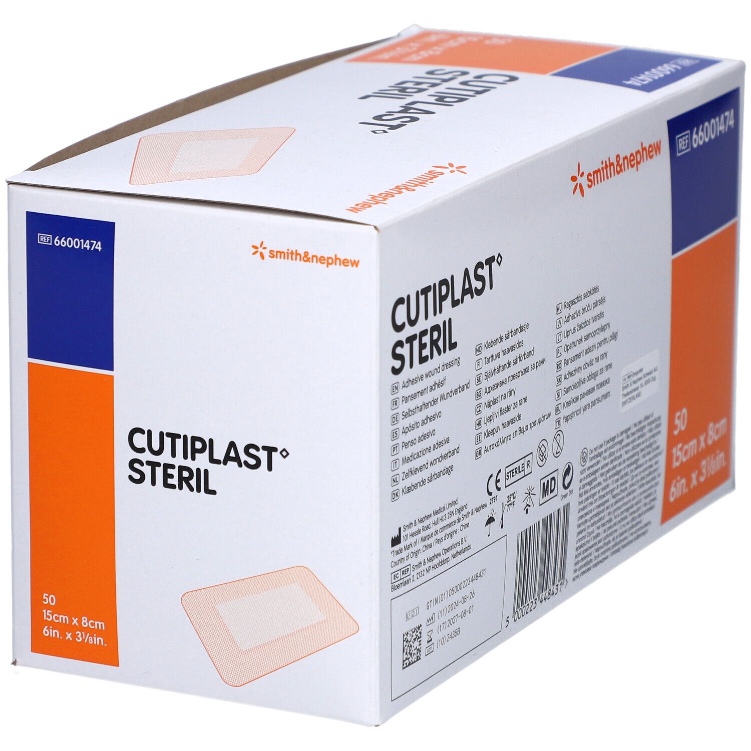 Verpackung von Smith & Nephew Cutiplast Steril. Box mit 50 Pflastern, 15x8cm. Aufdruck: Cutiplast Steril, Smith & Nephew Logo.