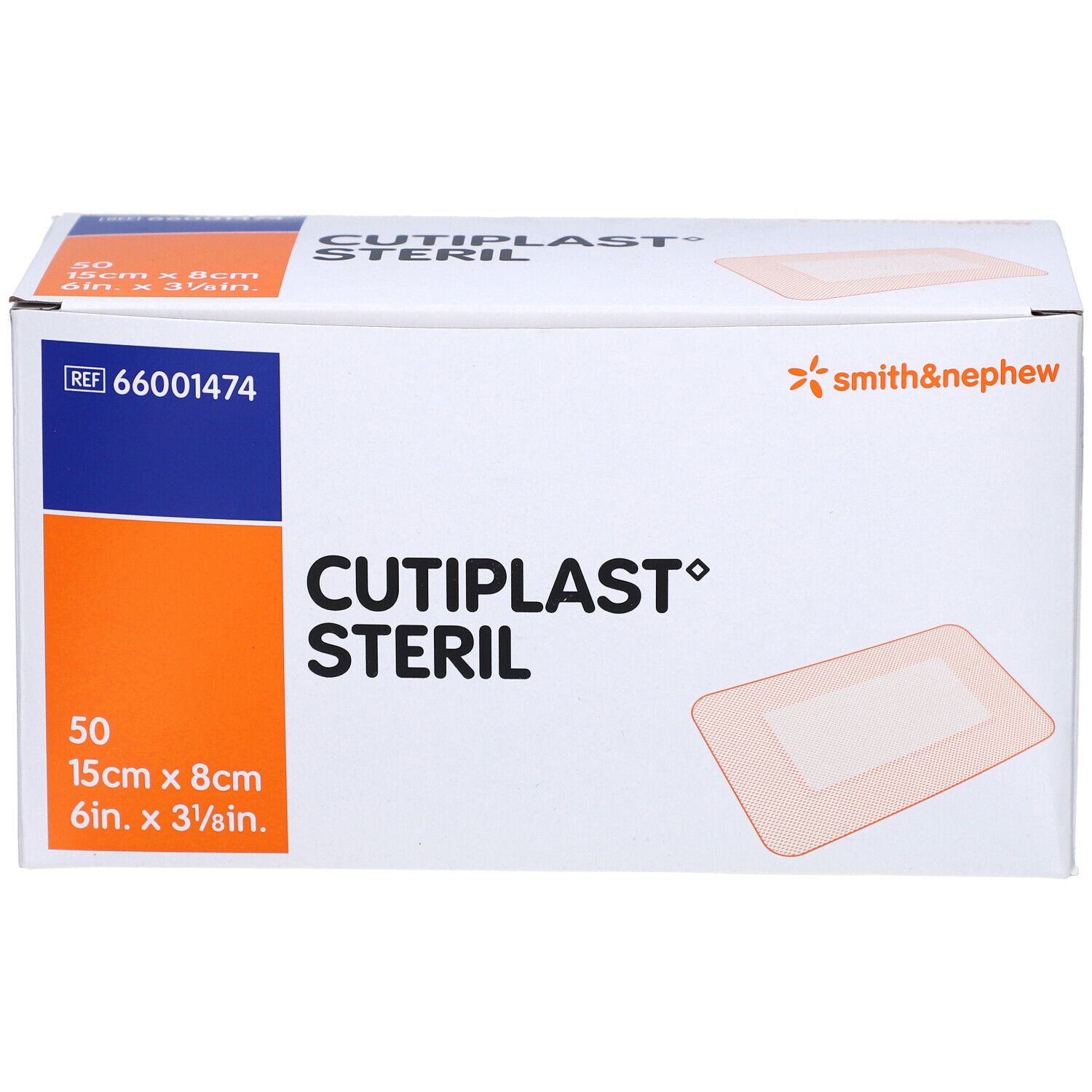 Verpackung von Smith & Nephew Cutiplast Steril. Box mit 50 Pflastern, 15x8cm. Aufdruck: Cutiplast Steril, Smith & Nephew Logo.