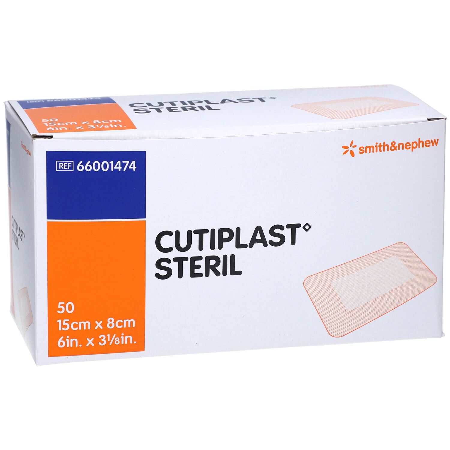 Verpackung von Smith & Nephew Cutiplast Steril. Box mit 50 Pflastern, 15x8cm. Aufdruck: Cutiplast Steril, Smith & Nephew Logo.
