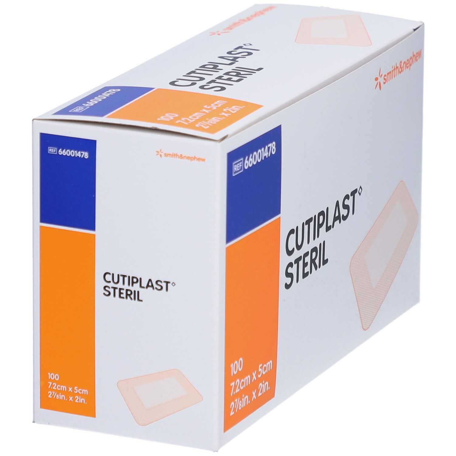 Verpackung von CUTIPLAST STERIL. Enthält 100 sterile Wundauflagen, 7,2 cm x 5 cm. Smith & Nephew Logo.