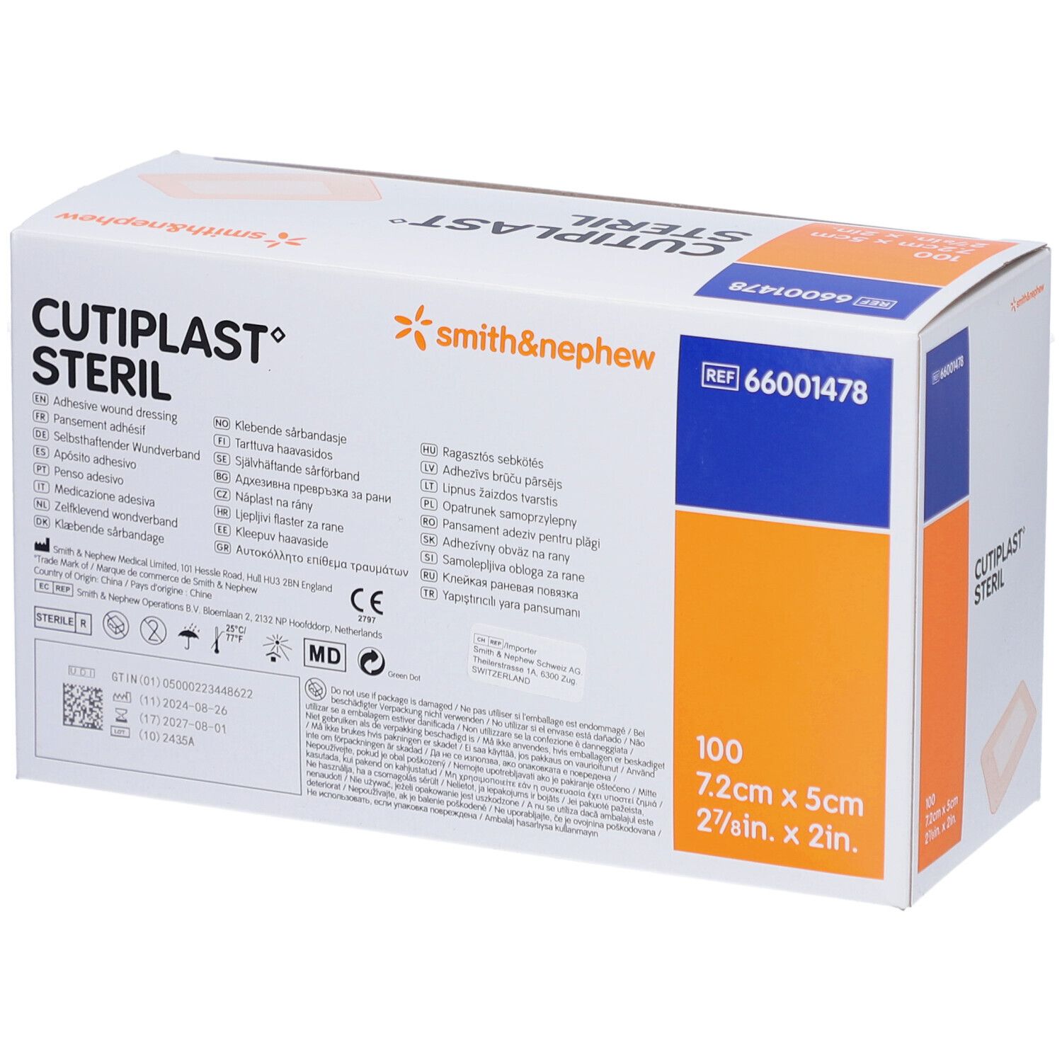 Verpackung von CUTIPLAST STERIL. Enthält 100 sterile Wundauflagen, 7,2 cm x 5 cm. Smith & Nephew Logo.