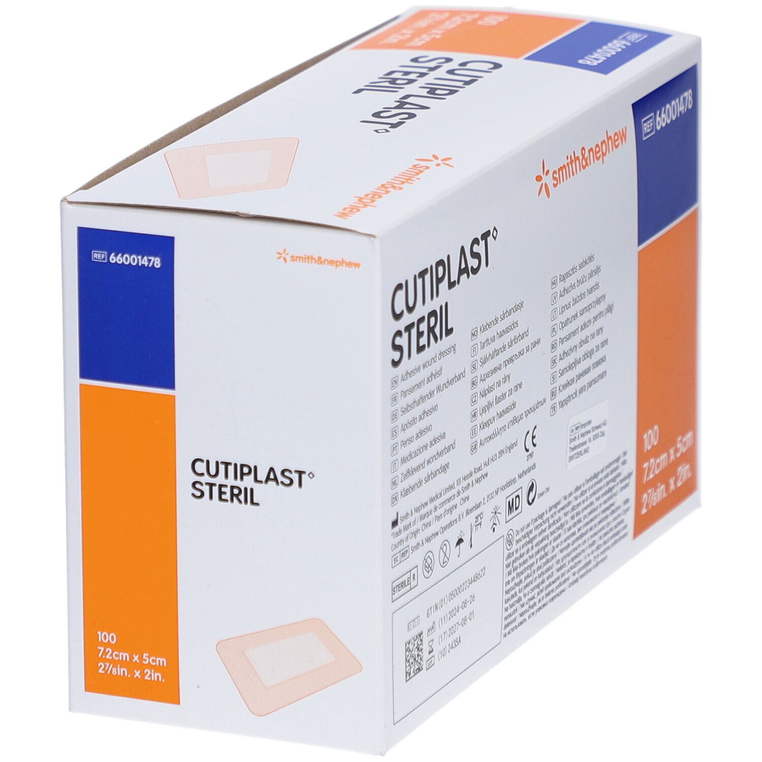 Verpackung von CUTIPLAST STERIL. Enthält 100 sterile Wundauflagen, 7,2 cm x 5 cm. Smith & Nephew Logo.
