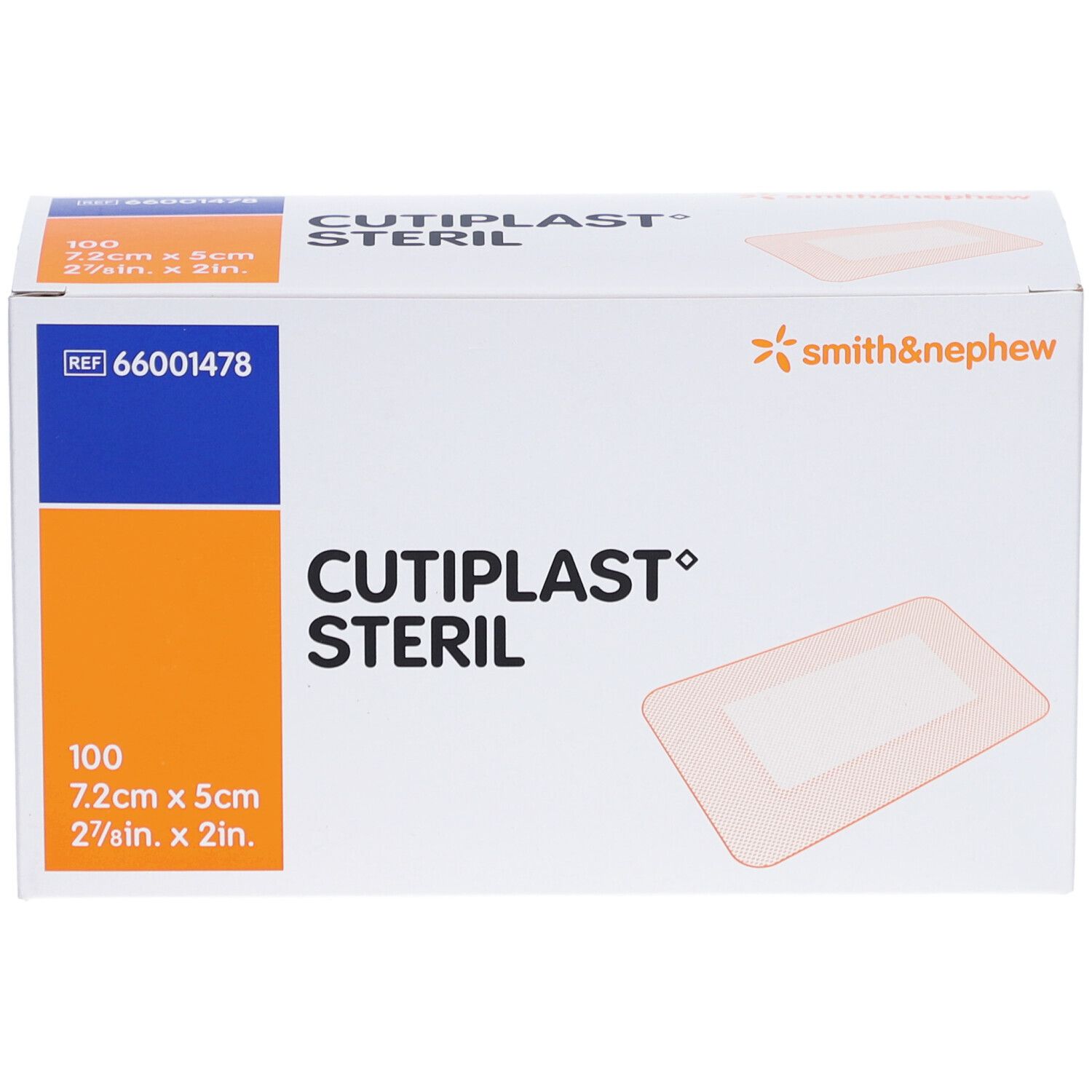 Verpackung von CUTIPLAST STERIL. Enthält 100 sterile Wundauflagen, 7,2 cm x 5 cm. Smith & Nephew Logo.