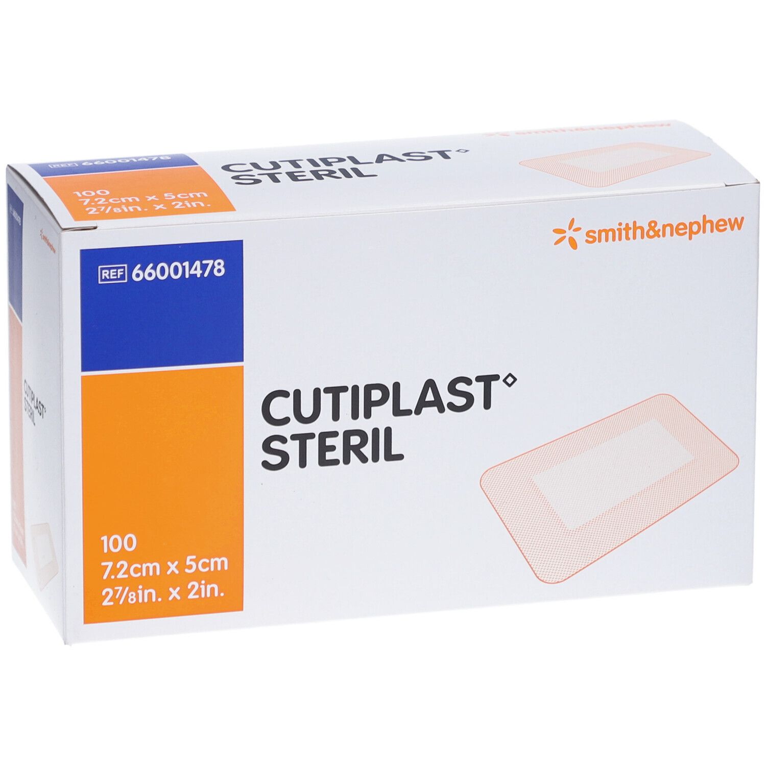 Verpackung von CUTIPLAST STERIL. Enthält 100 sterile Wundauflagen, 7,2 cm x 5 cm. Smith & Nephew Logo.
