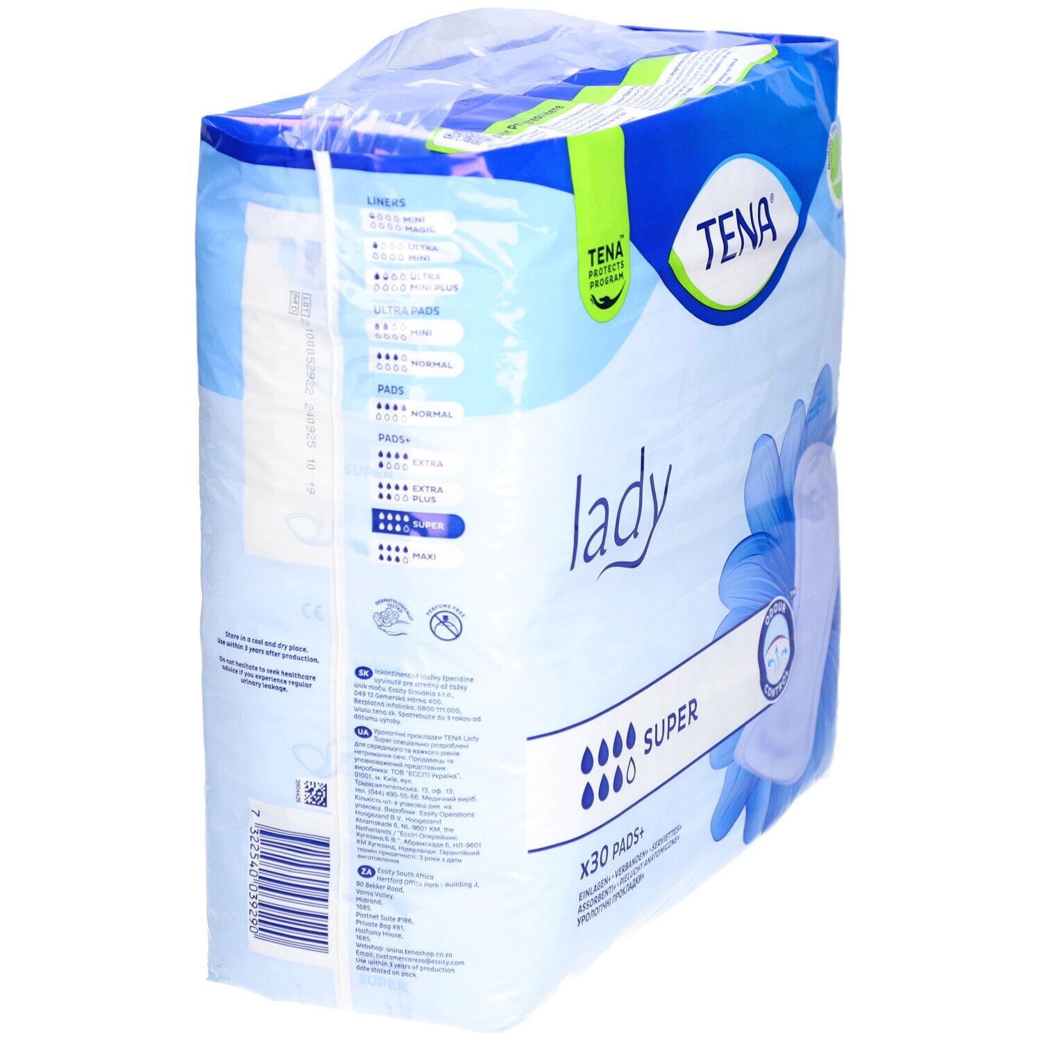 Rückseite der TENA Lady Super Verpackung. Produktinformationen und Größenangaben. Blaue Verpackung.