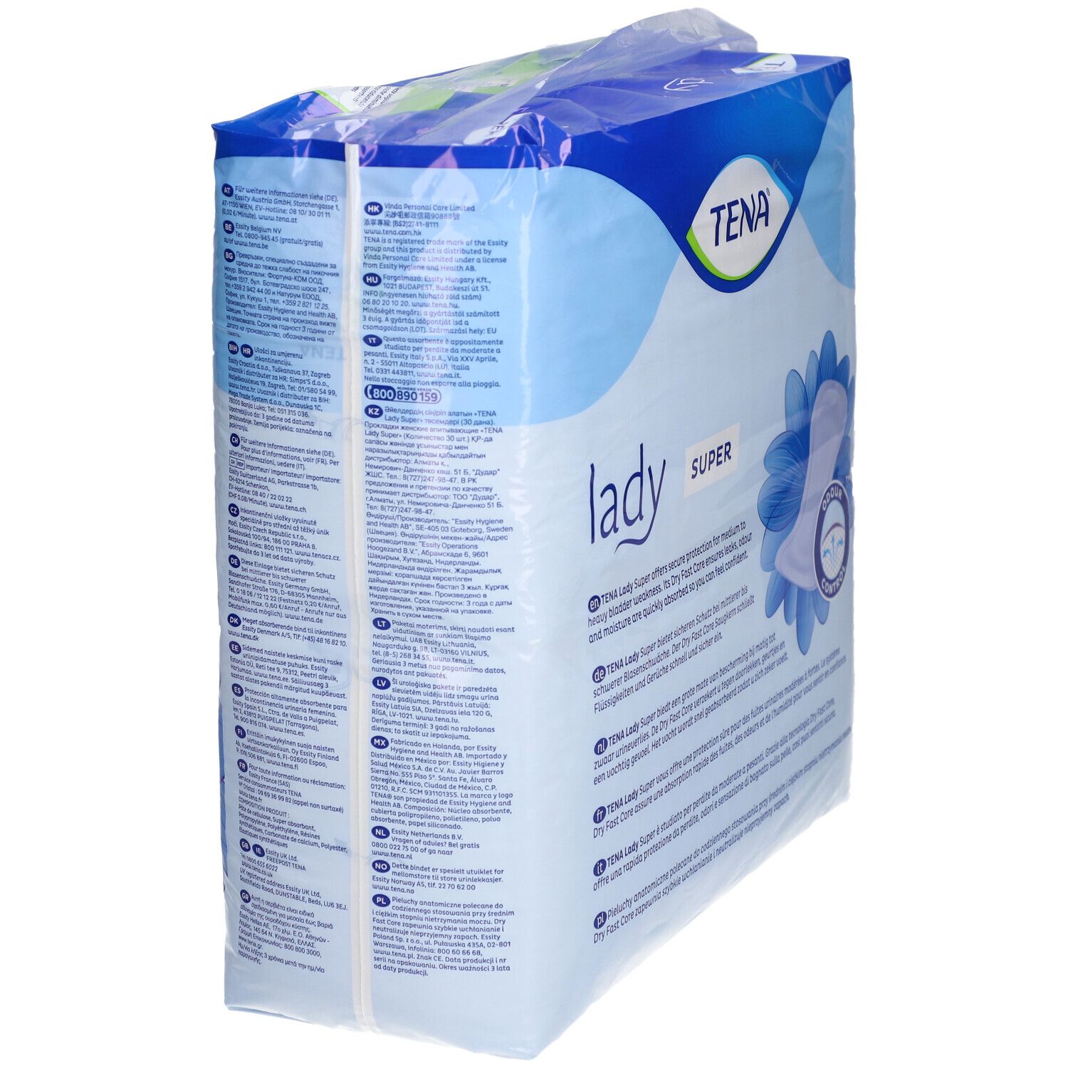 Rückseite der TENA Lady Super Verpackung. Produktinformationen und Text. Blaue Verpackung.