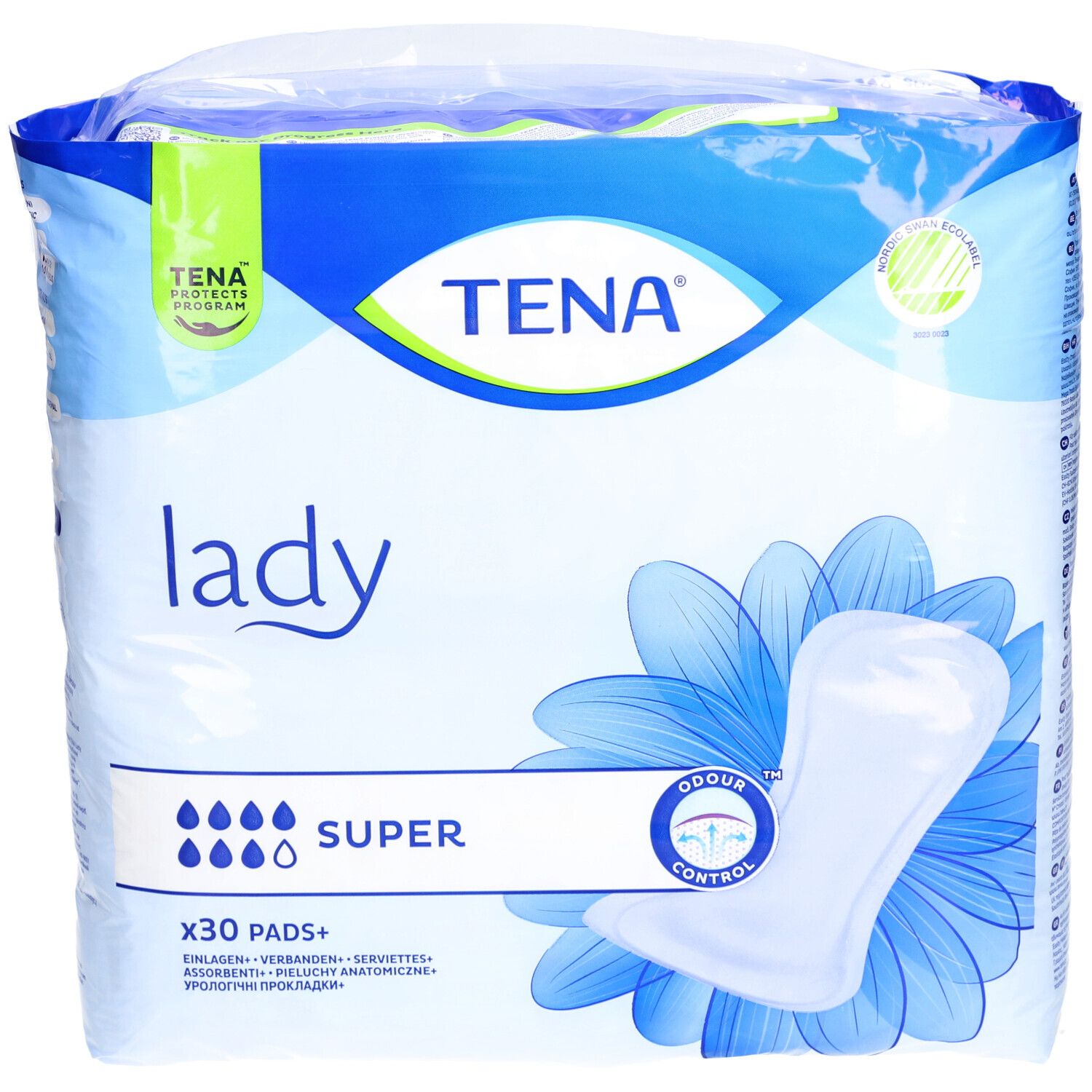 TENA Lady Super Verpackung. 30 Stück. Blaue Verpackung mit Produktabbildung und Logo. Geruchskontrolle.