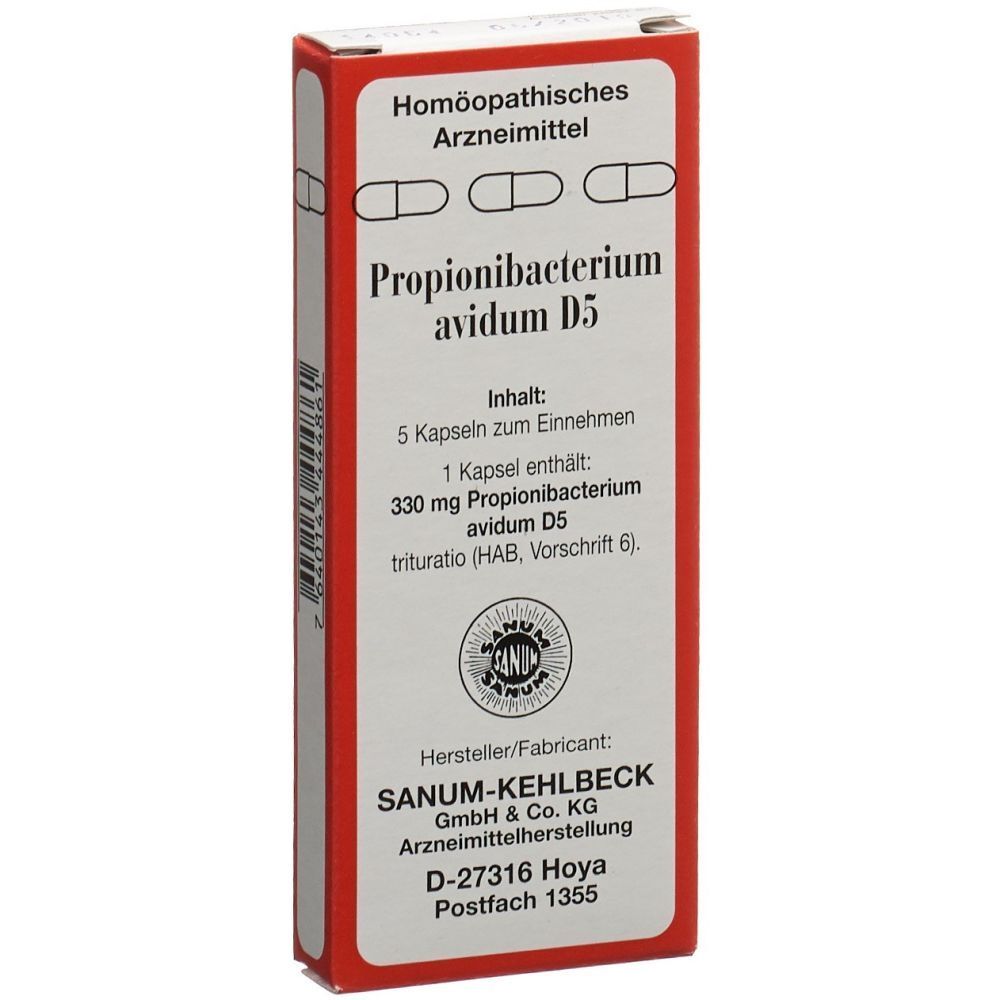 Rote Schachtel mit Text. Enthält 5 Kapseln. Aufschrift: Propionibacterium avidum D5. Hersteller: SANUM-KEHLBECK.