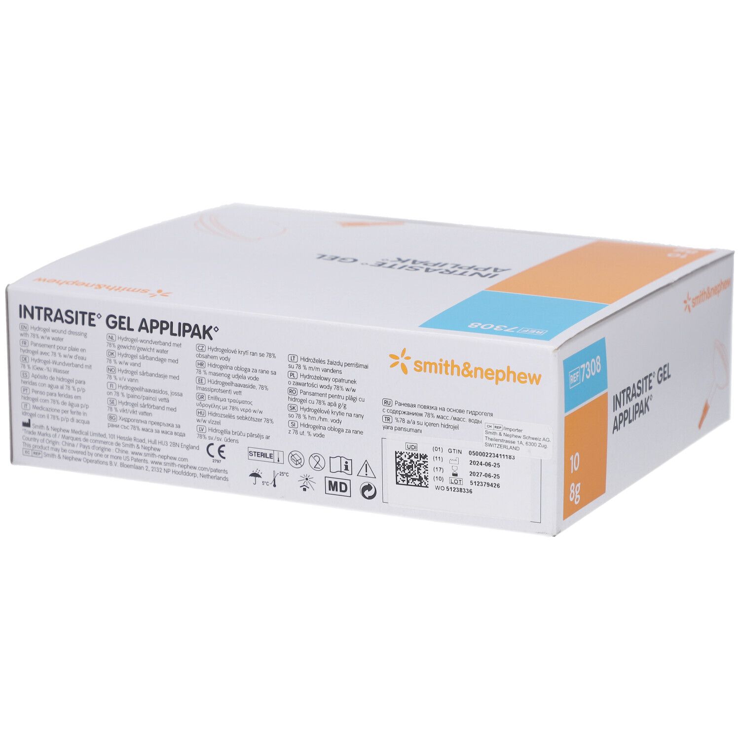 Weißer Karton mit blauen und orangen Akzenten. Aufschrift: INTRASITE GEL APPLIPAK, 10 x 8g. Smith & Nephew Logo, CE-Kennzeichnung.