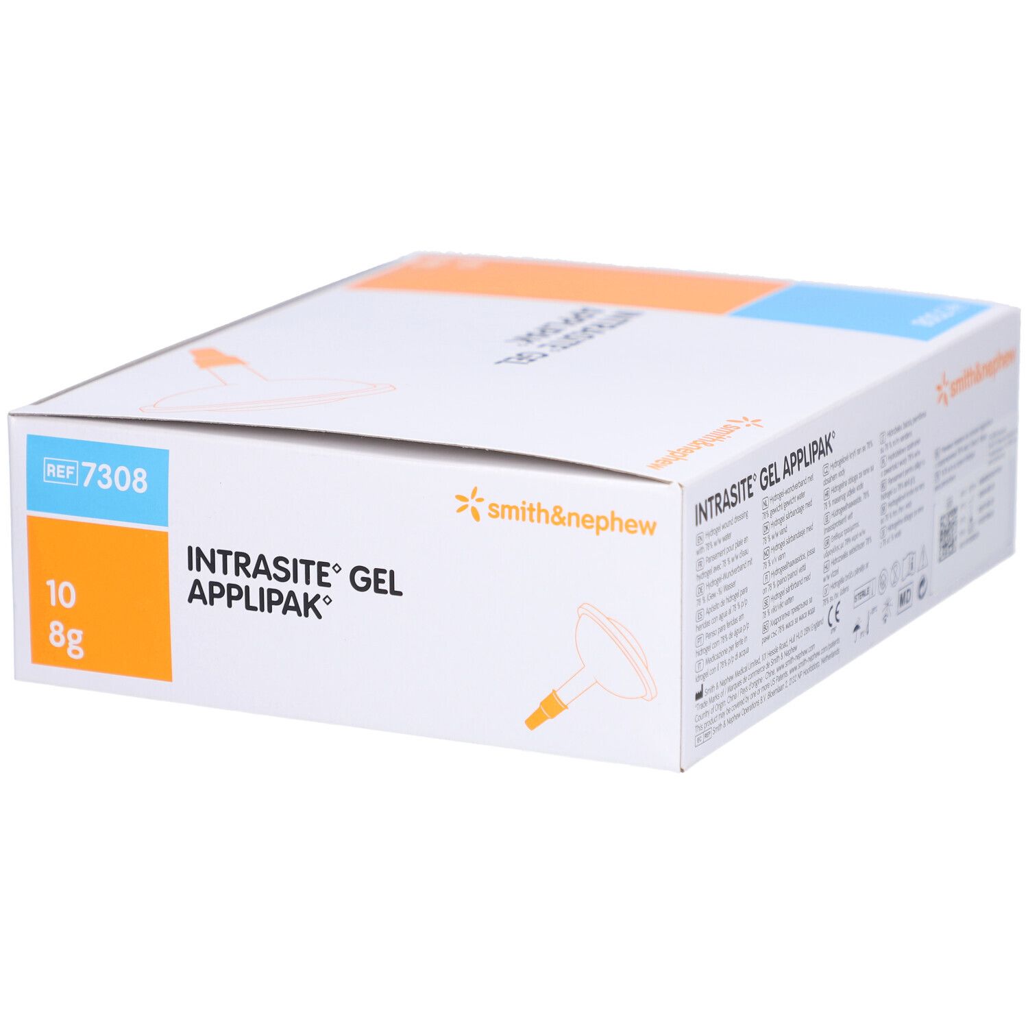 Weißer Karton mit blauen und orangen Akzenten. Aufschrift: INTRASITE GEL APPLIPAK, 10 x 8g. Smith & Nephew Logo.