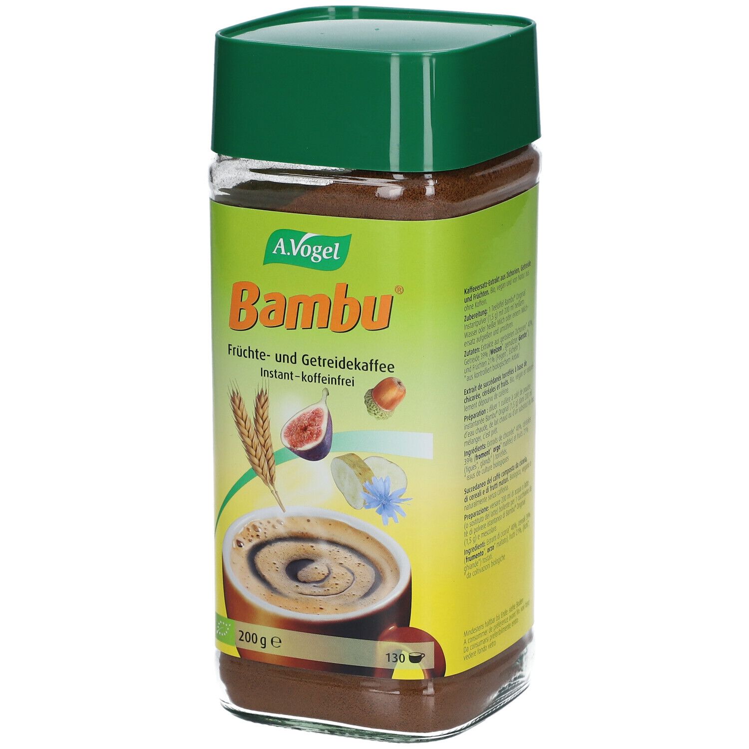A. Vogel Bambu Instant-Kaffee in einem Glasbehälter mit grünem Deckel. Enthält Getreide und Früchte.