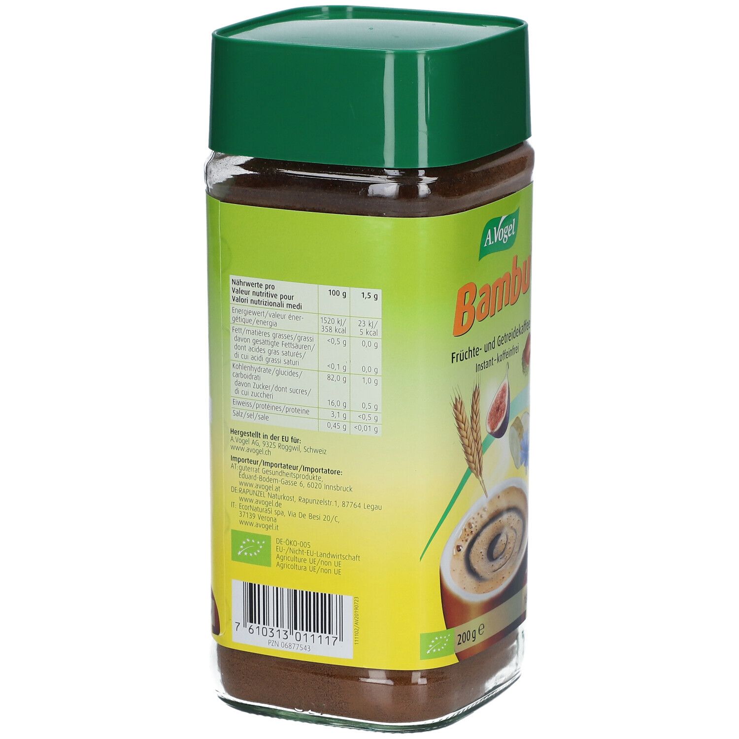 Rückseite des A. Vogel Bambu Instant-Kaffees mit Nährwertangaben und Bio-Siegel.