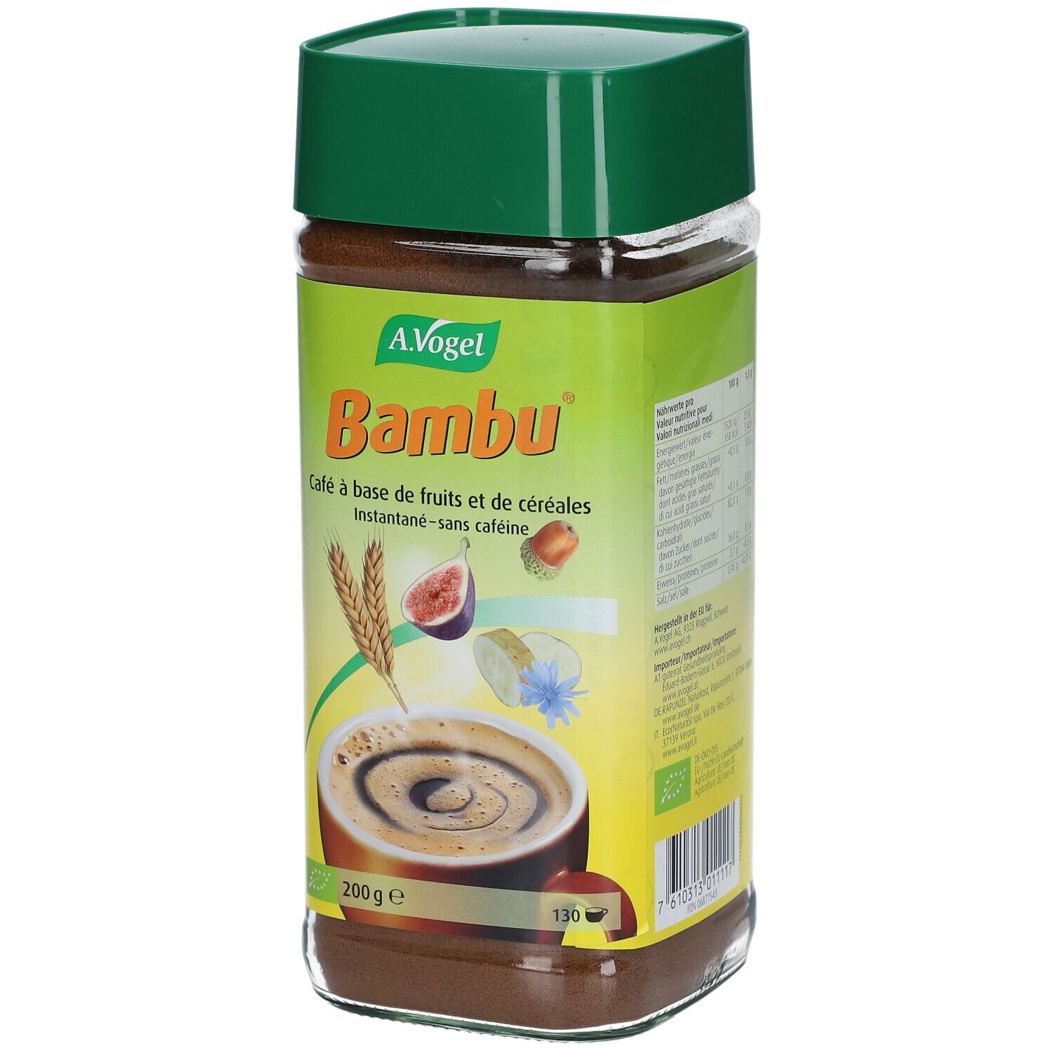 A. Vogel Bambu Instant-Kaffee, koffeinfrei, in einem Glasbehälter mit grünem Deckel.