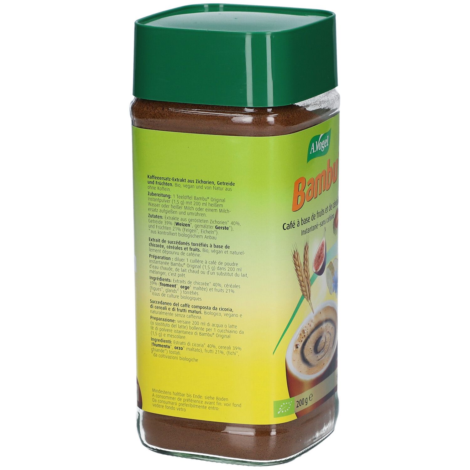 A. Vogel Bambu Kaffee aus Früchten und Getreide, koffeinfrei. Glasbehälter mit grünem Deckel.