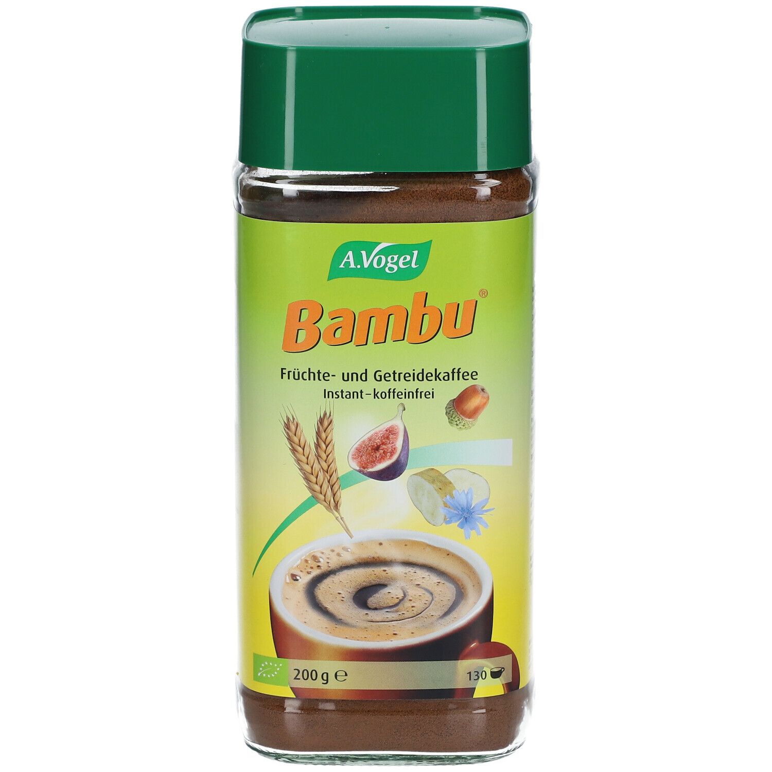 A. Vogel Bambu Instant-Kaffee, 200g, in einem Glasbehälter mit grünem Deckel.