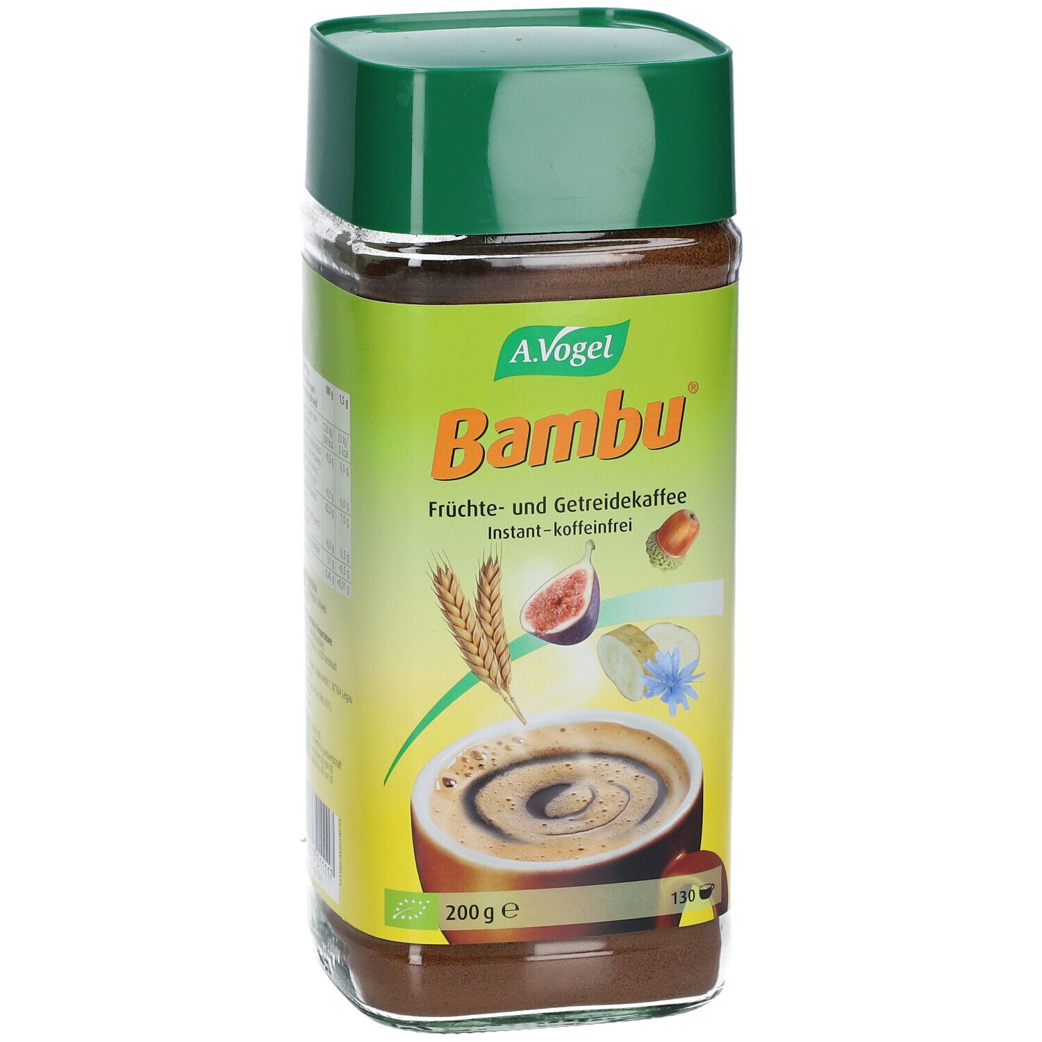 A. Vogel Bambu Instant-Kaffee, 200g, koffeinfrei. Glasbehälter mit grünem Deckel.