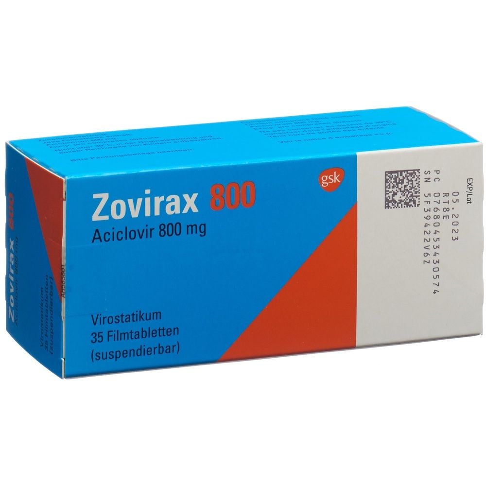 Blau-orange Schachtel mit der Aufschrift Zovirax 800, Aciclovir 800 mg. Enthält 35 Filmtabletten. Gsk-Logo.