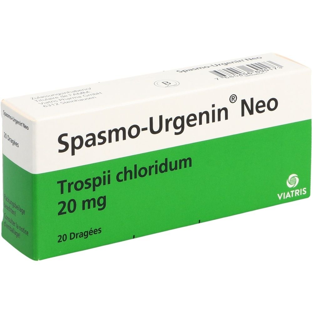 Karton von SPASMO-URGENIN Neo. Weißer Karton mit grüner Fläche und Produktnamen. Enthält 20 Tabletten.