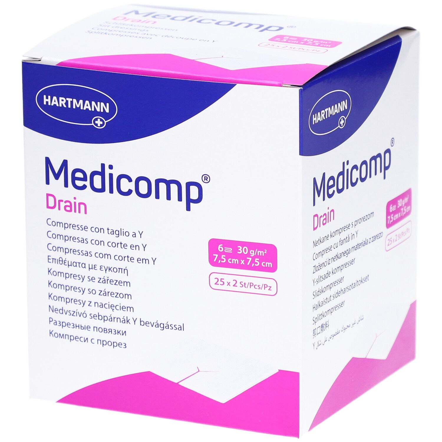 Karton mit Medicomp Drain Kompressen. Größe 7,5 x 7,5 cm. 6 Stück. Hartmann Logo. Y-Schnitt. Verpackungsinformationen.