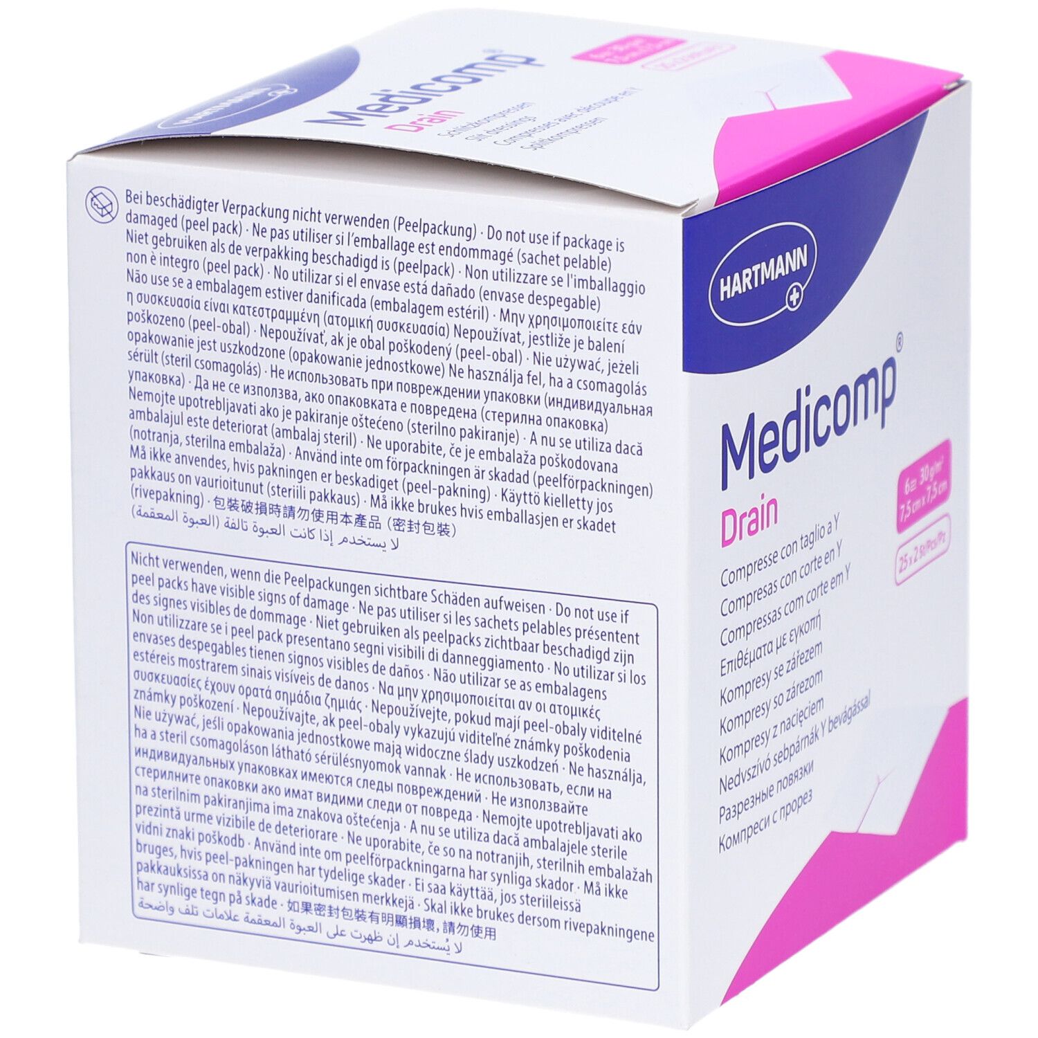 Rückseite der Medicomp Drain Verpackung. Text in mehreren Sprachen. Warnhinweise. Herstellerinformationen. Steril-Symbol.