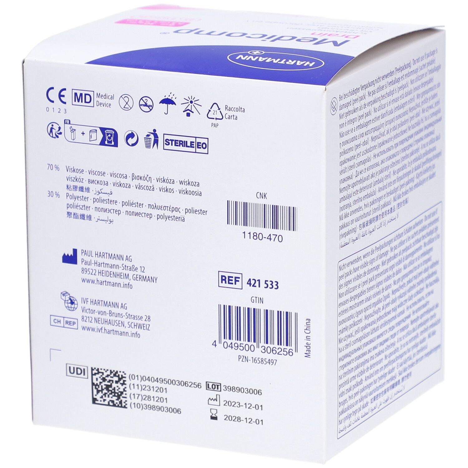 Rückseite der Medicomp Drain Verpackung. Herstelleradresse. Chargennummer. Haltbarkeitsdatum. Medizinprodukt-Symbol.