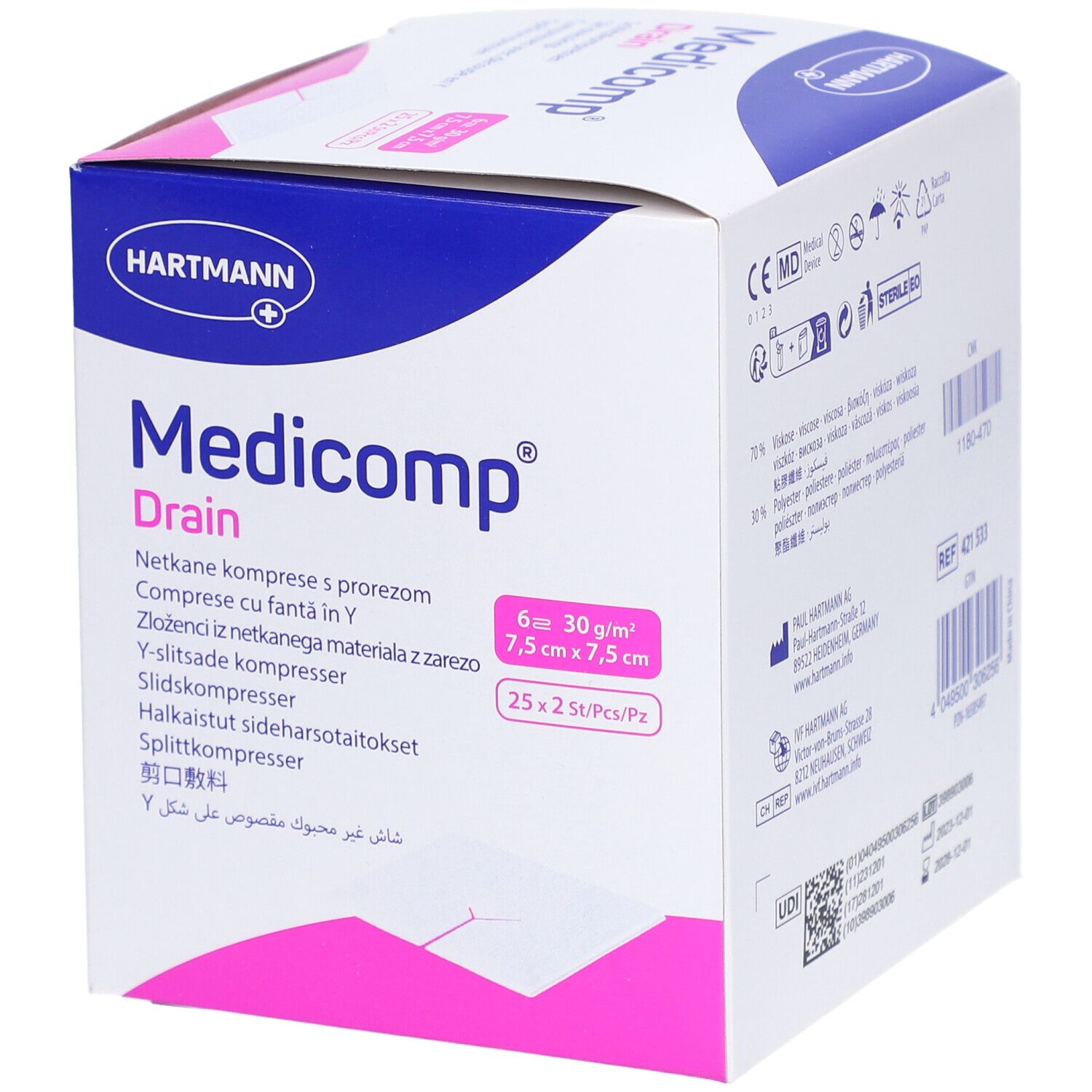 Karton mit Medicomp Drain Kompressen. Größe 7,5 x 7,5 cm. 6 Stück. Hartmann Logo. Y-Schnitt. Verpackungsinformationen.