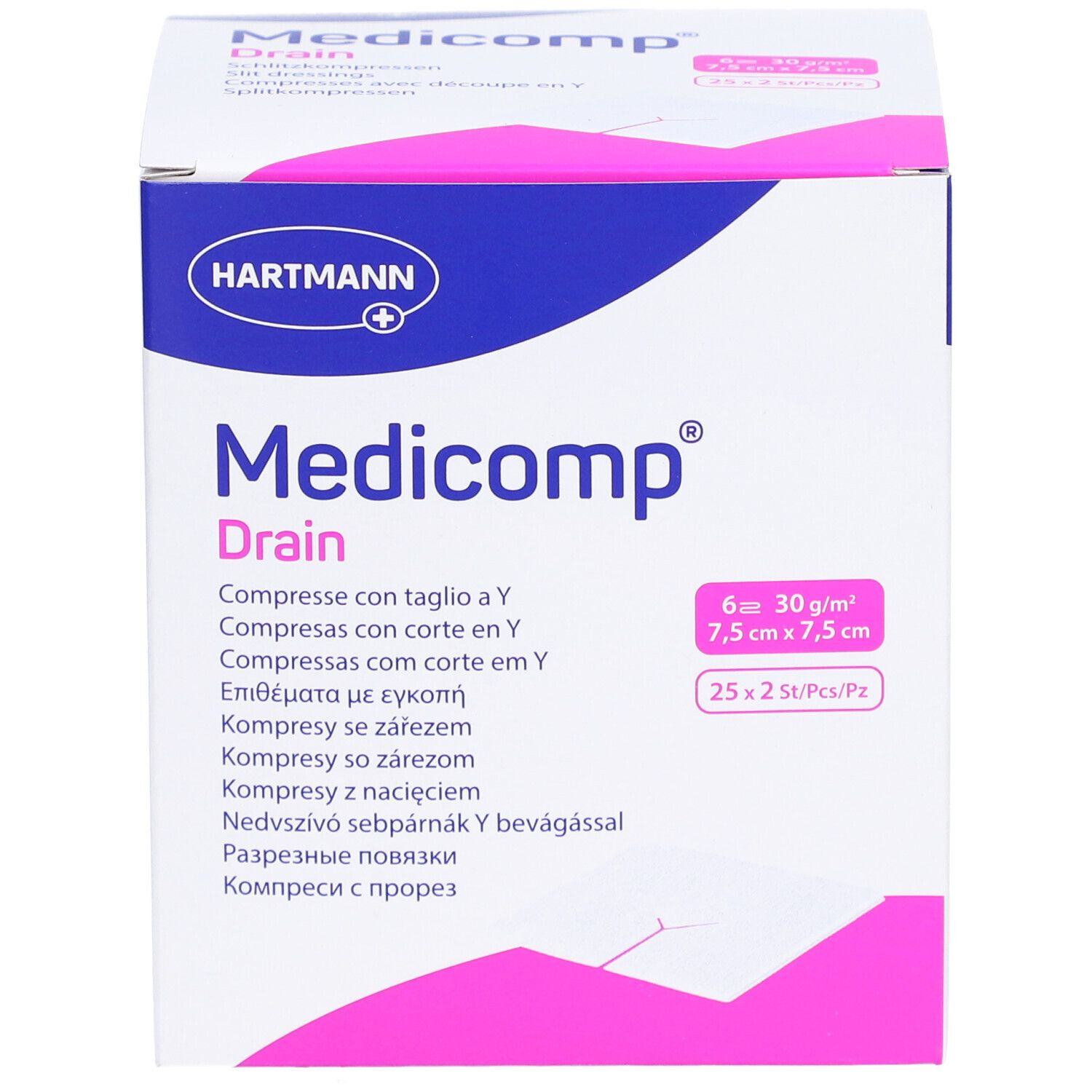 Karton mit Medicomp Drain Kompressen. Größe 7,5 x 7,5 cm. 6 Stück. Hartmann Logo. Y-Schnitt. Verpackungsinformationen.