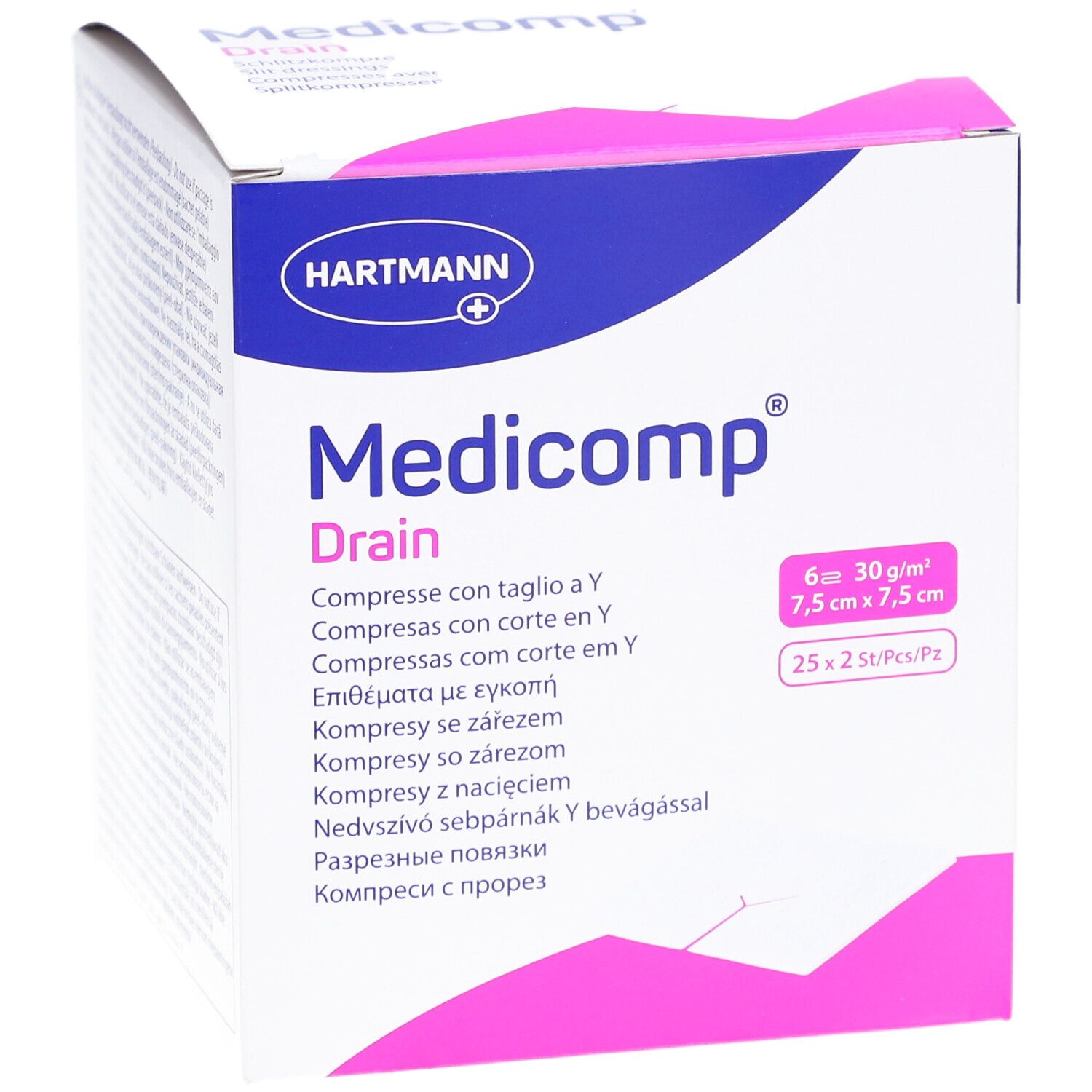Karton mit Medicomp Drain Kompressen. Größe 7,5 x 7,5 cm. 6 Stück. Hartmann Logo. Y-Schnitt. Verpackungsinformationen.