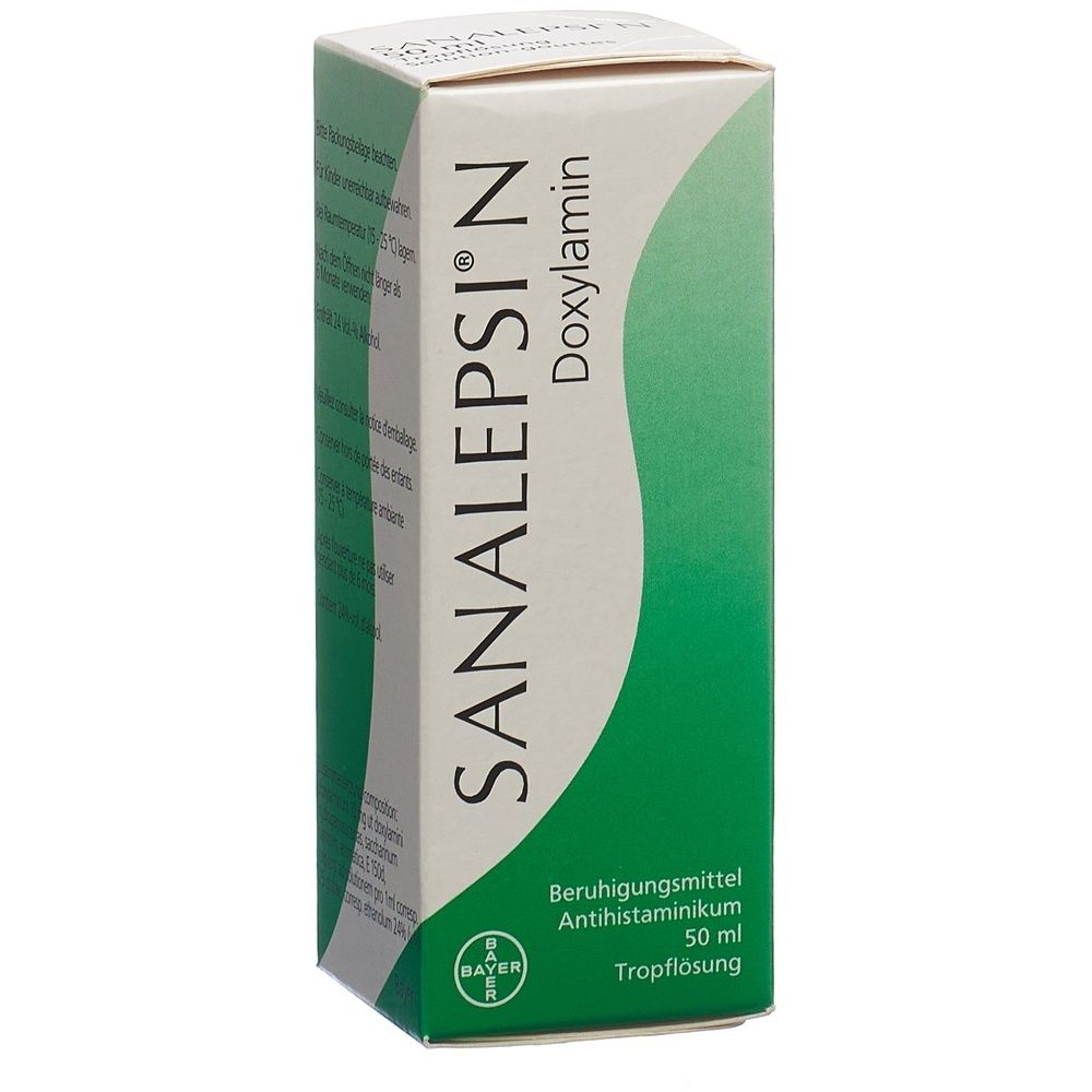 Boîte de SANALEPSI N, Doxylamine. Design vert et blanc. Logo Bayer. Texte : Sédatif, antihistaminique, 50 ml solution buvable.