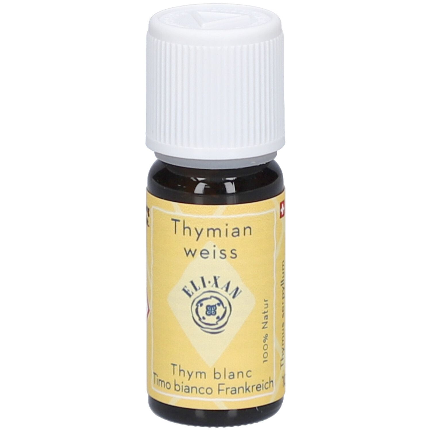 Braune Glasflasche mit weißem Schraubverschluss. Gelbes Etikett mit Text: Thymian weiss, ELIXAN, Timo bianco Frankreich.