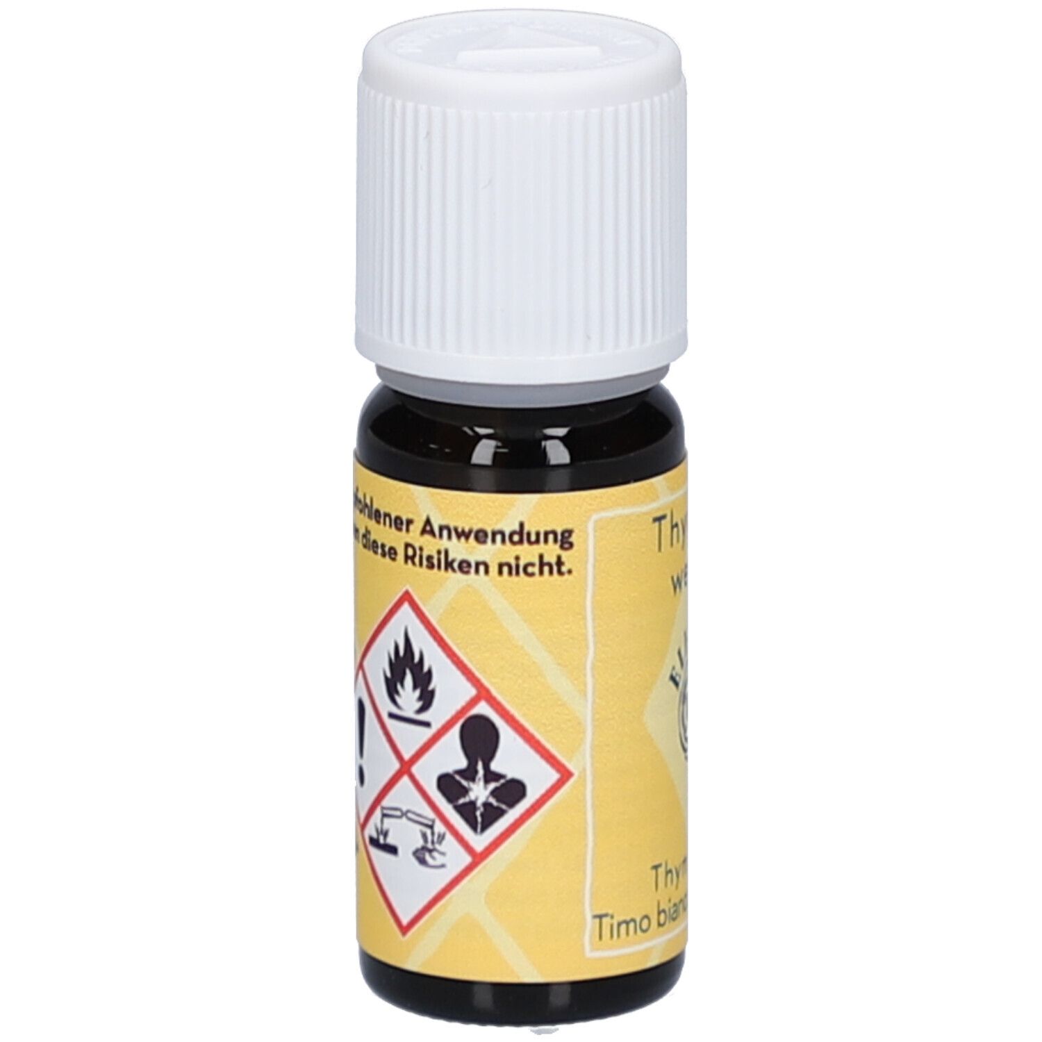 Braune Glasflasche mit weißem Verschluss. Gelbes Etikett mit Gefahrensymbolen. Text: Vorsicht, bei Anwendung diese Risiken nicht.