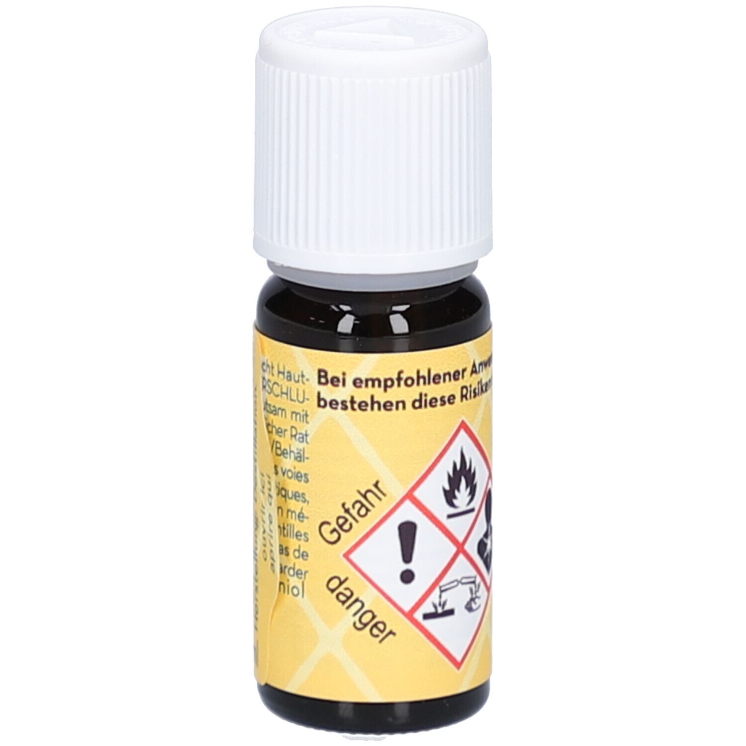 Braune Glasflasche mit weißem Verschluss. Gelbes Etikett mit Gefahrensymbolen und Text: Gefahr, danger.