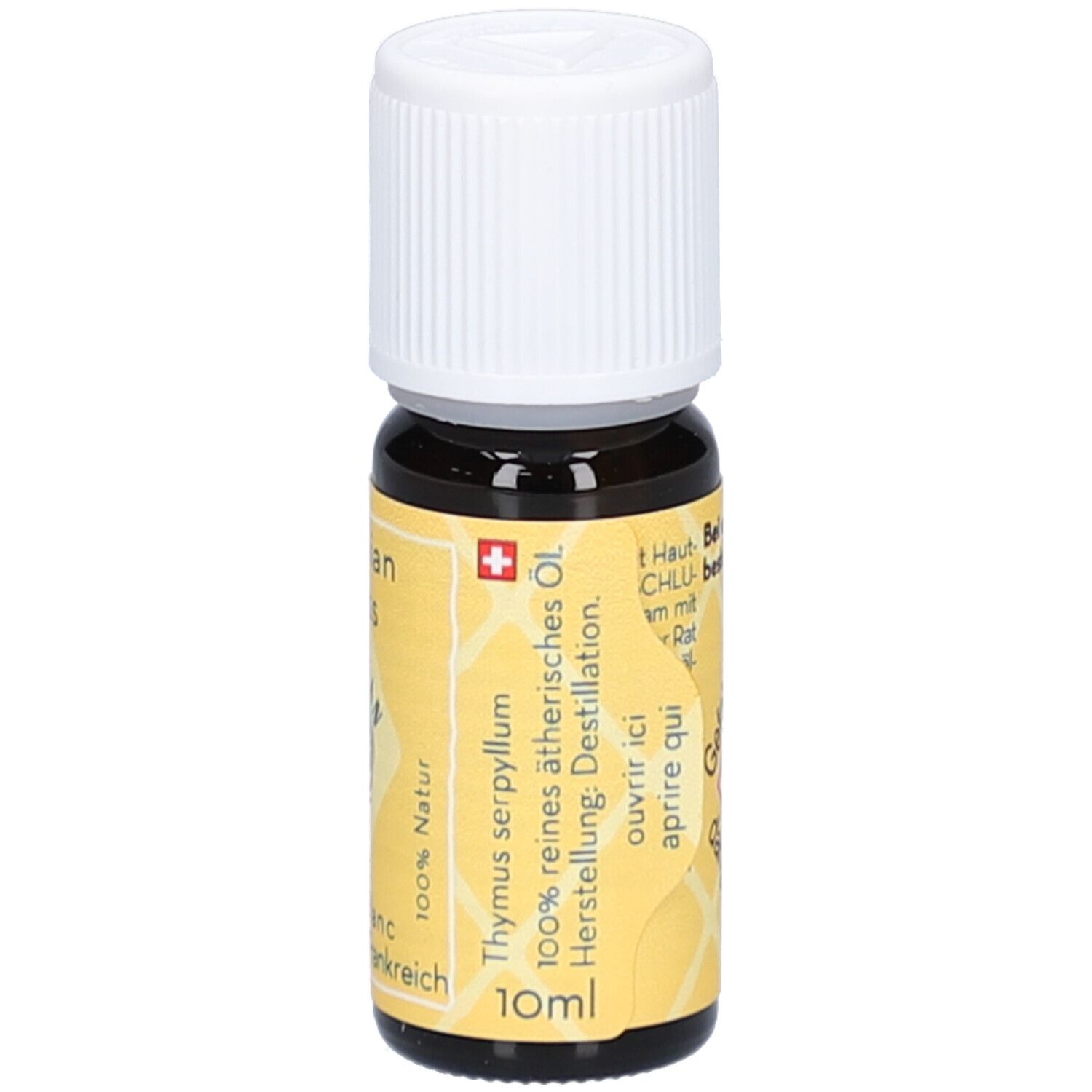 Braune Glasflasche mit weißem Verschluss. Gelbes Etikett mit Text: Thymus serpyllum, 100% reines ätherisches Öl, 10ml.