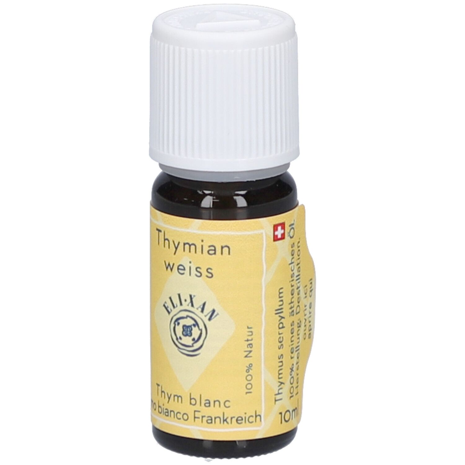 Braune Glasflasche mit weißem Verschluss. Gelbes Etikett mit Text: Thymian weiss, ELIXAN, Timo bianco Frankreich, 10ml.