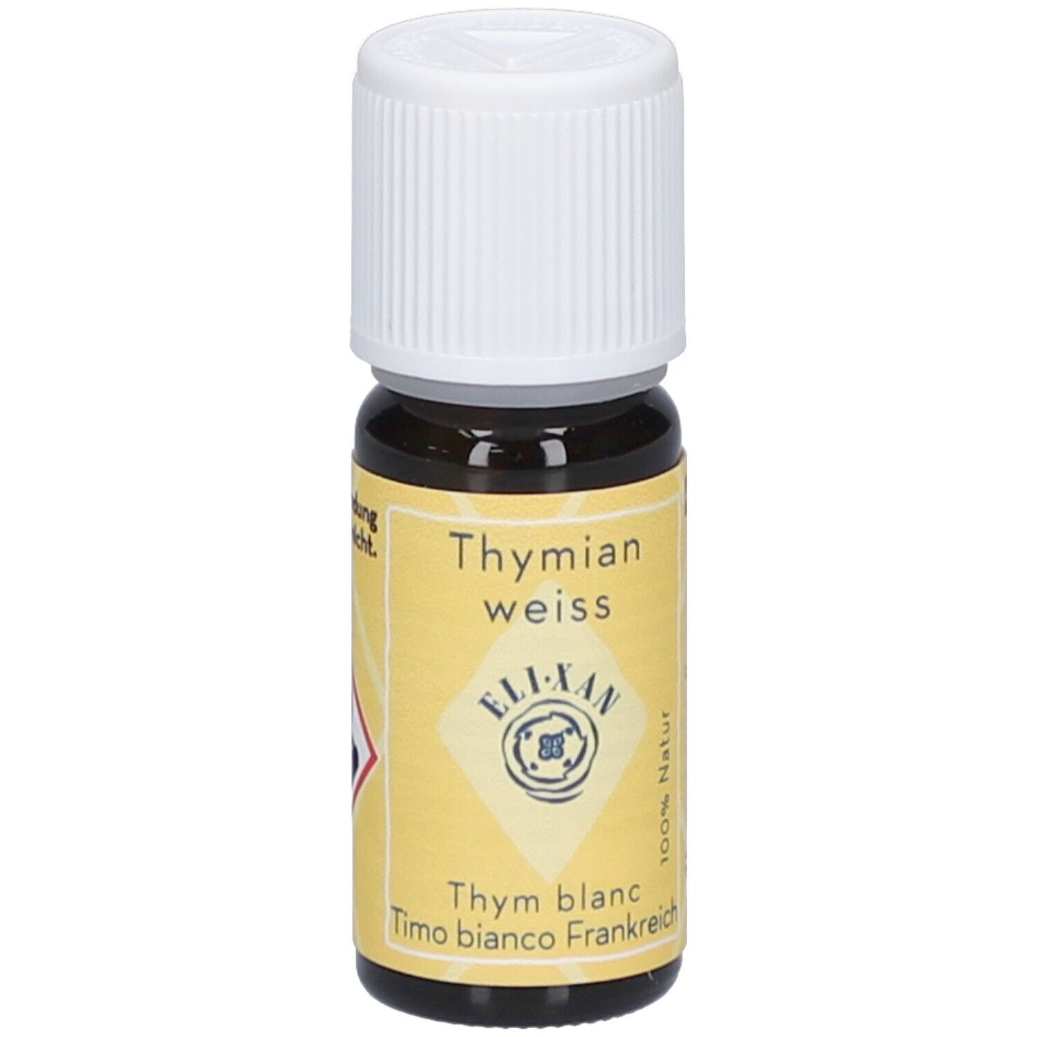 Braune Glasflasche mit weißem Verschluss. Gelbes Etikett mit Text und Gefahrensymbol. ELIXAN Logo.