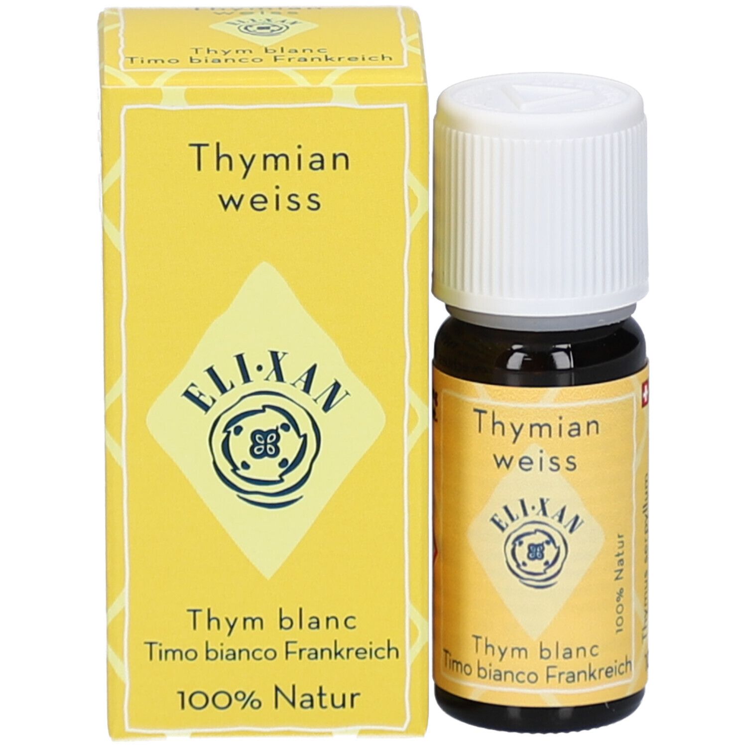 Braune Glasflasche mit weißem Verschluss und gelbe Verpackung. Text: Thymian weiss, ELIXAN, Timo bianco Frankreich, 100% Natur.
