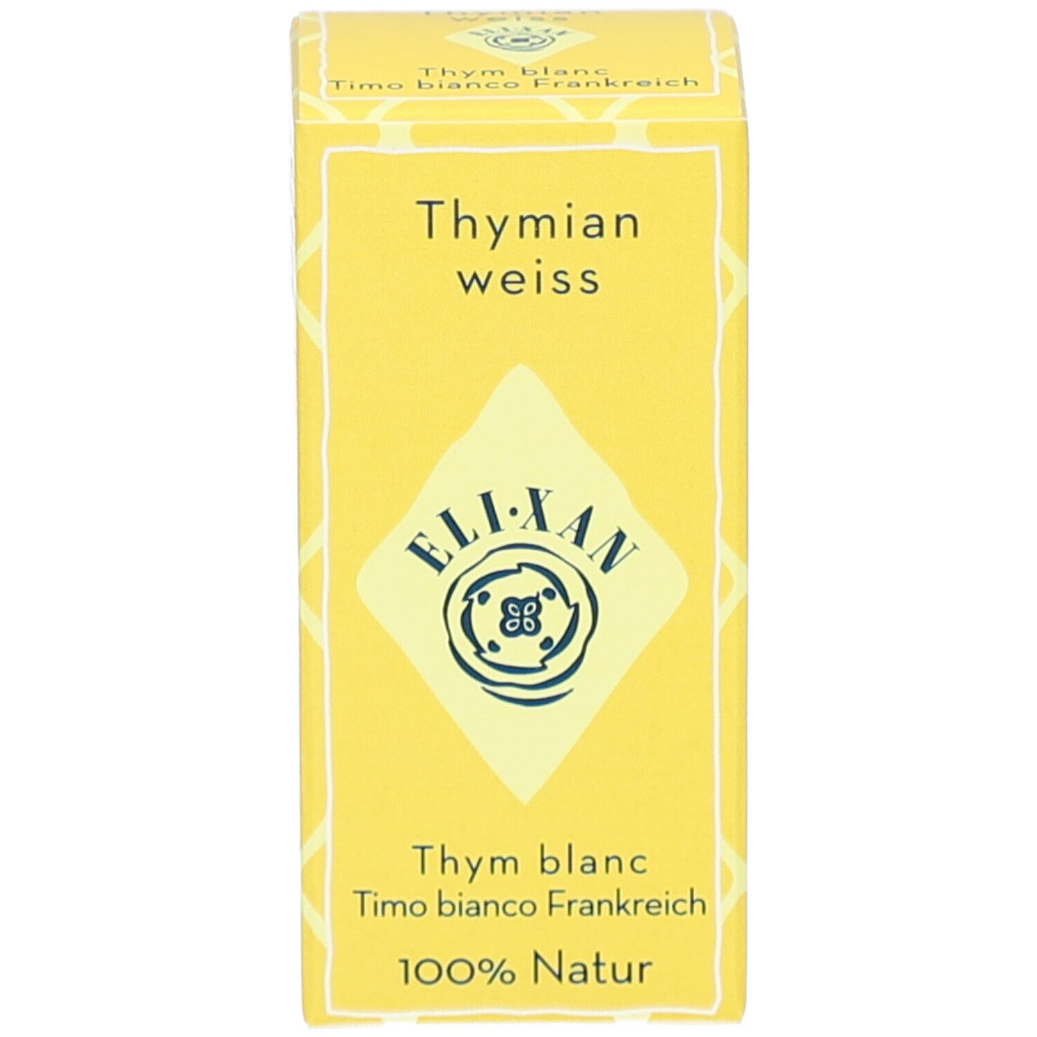 Gelbe Verpackung mit Text: Thymian weiss, ELIXAN, Timo bianco Frankreich, 100% Natur. ELIXAN Logo.