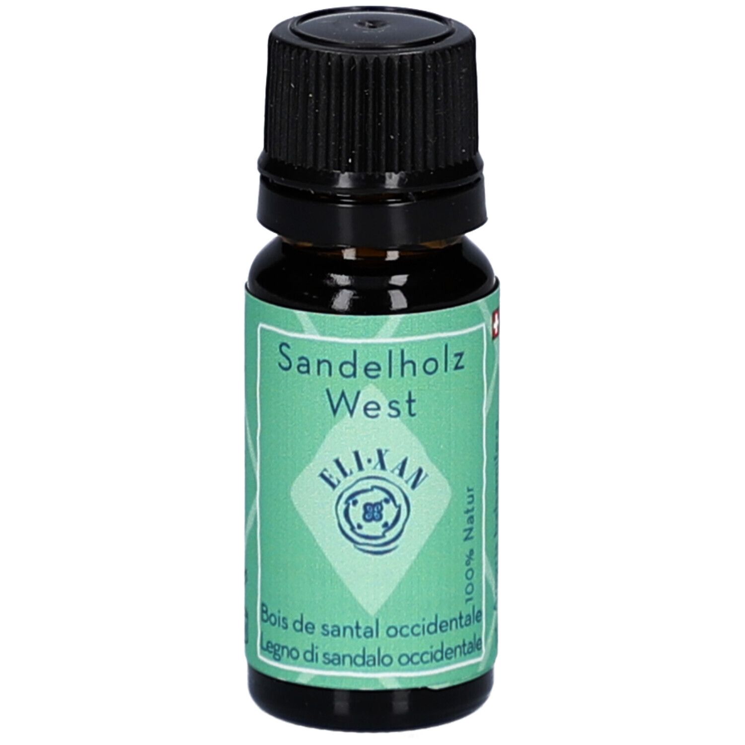 Braune Glasflasche mit schwarzem Deckel. Etikett mit Produktnamen, Marke und Inhaltsangabe. Schweizer Kreuz.