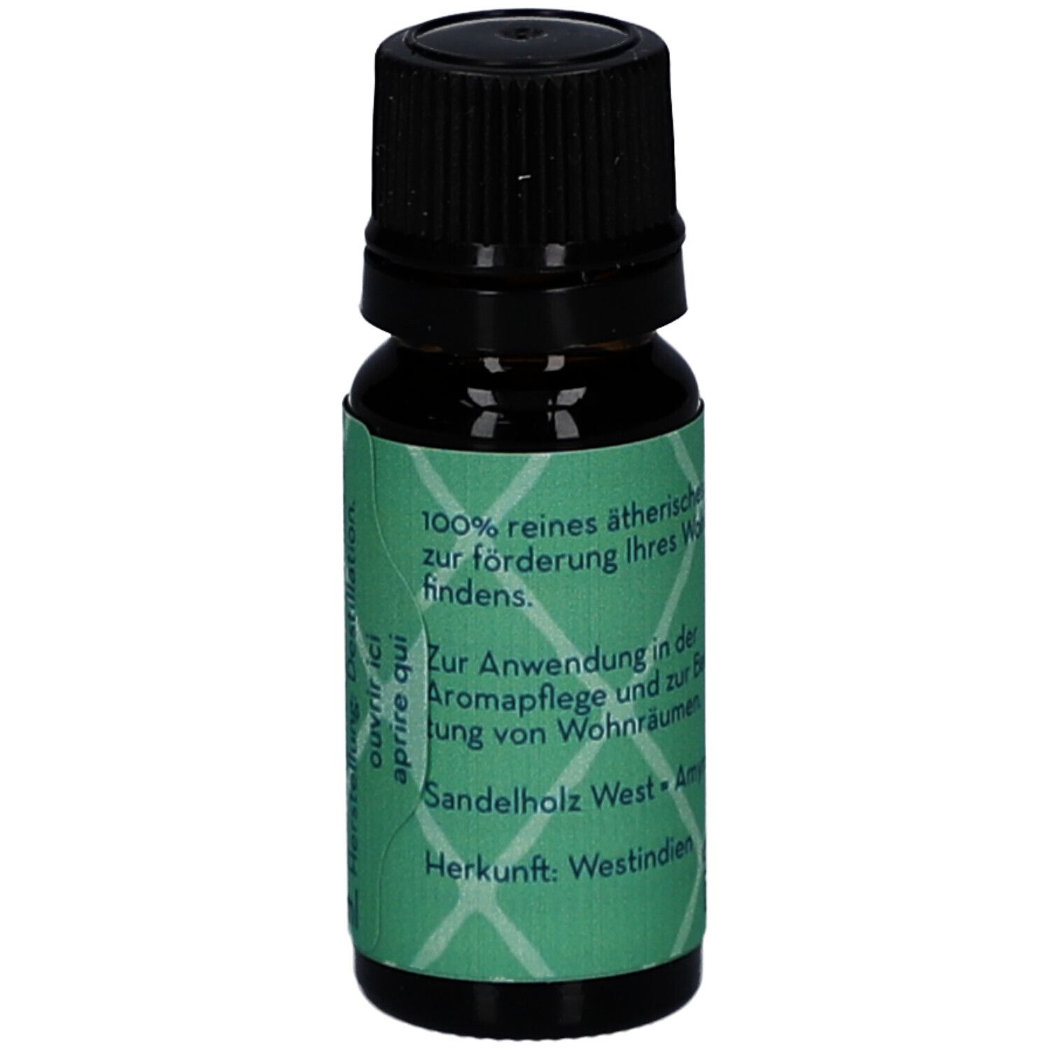 Braune Glasflasche mit schwarzem Deckel. Etikett mit Produktinformationen. Herkunft: Westindien.