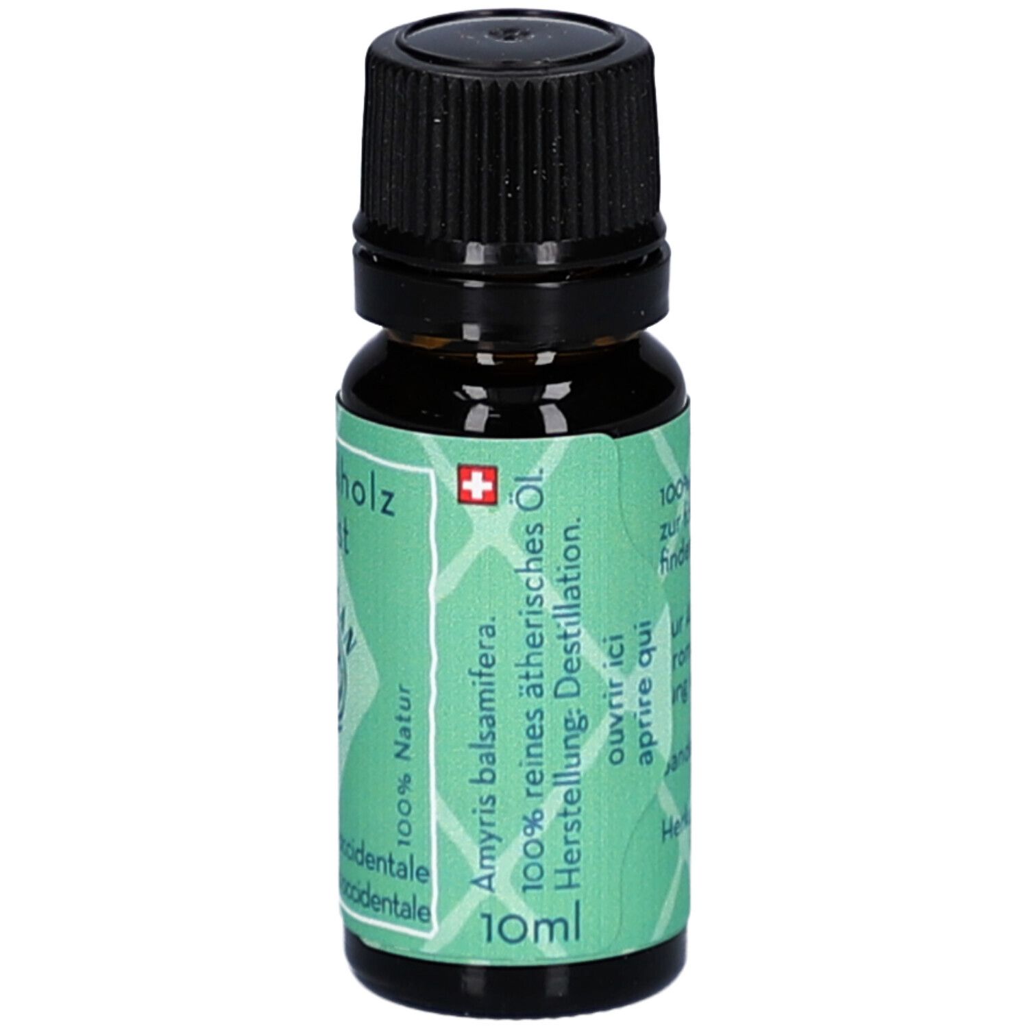 Braune Glasflasche mit schwarzem Deckel. Etikett mit Produktname, Marke, Inhaltsangabe und Volumen: 10ml.