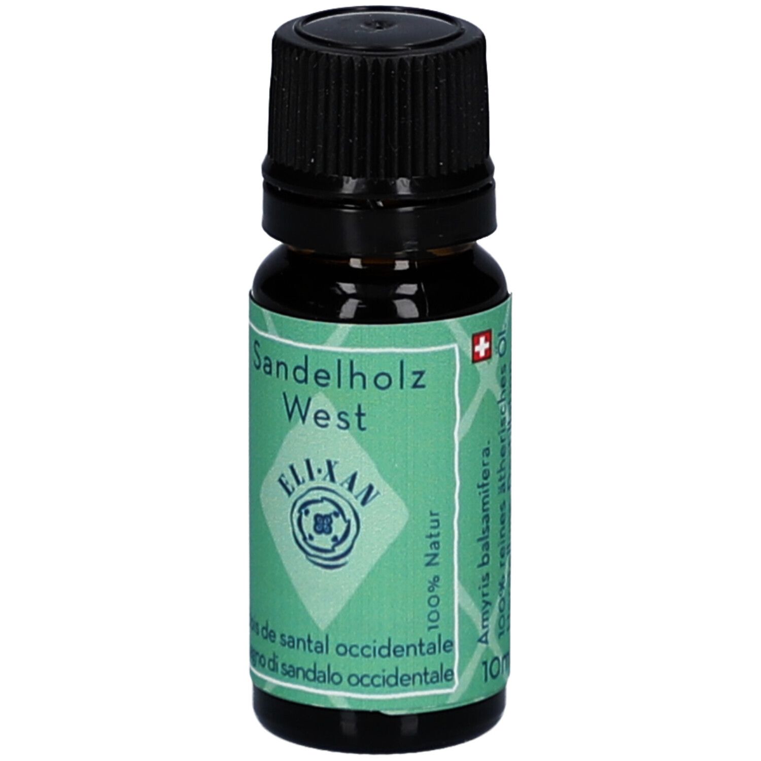 Braune Glasflasche mit schwarzem Deckel. Etikett mit Produktname, Marke, Inhaltsangabe und Schweizer Kreuz.