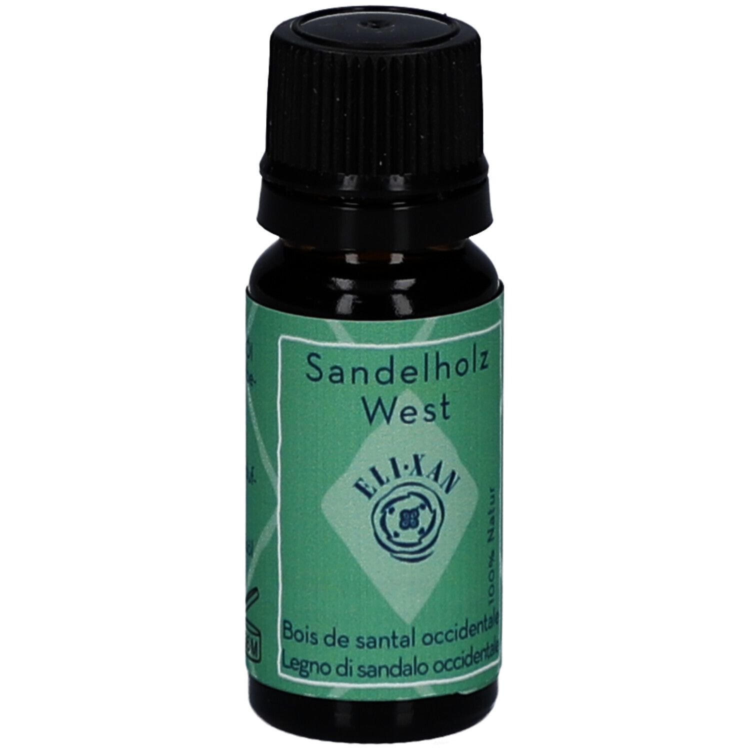 Braune Glasflasche mit schwarzem Deckel. Etikett mit Produktname, Marke, Inhaltsangabe und 100% Natur.