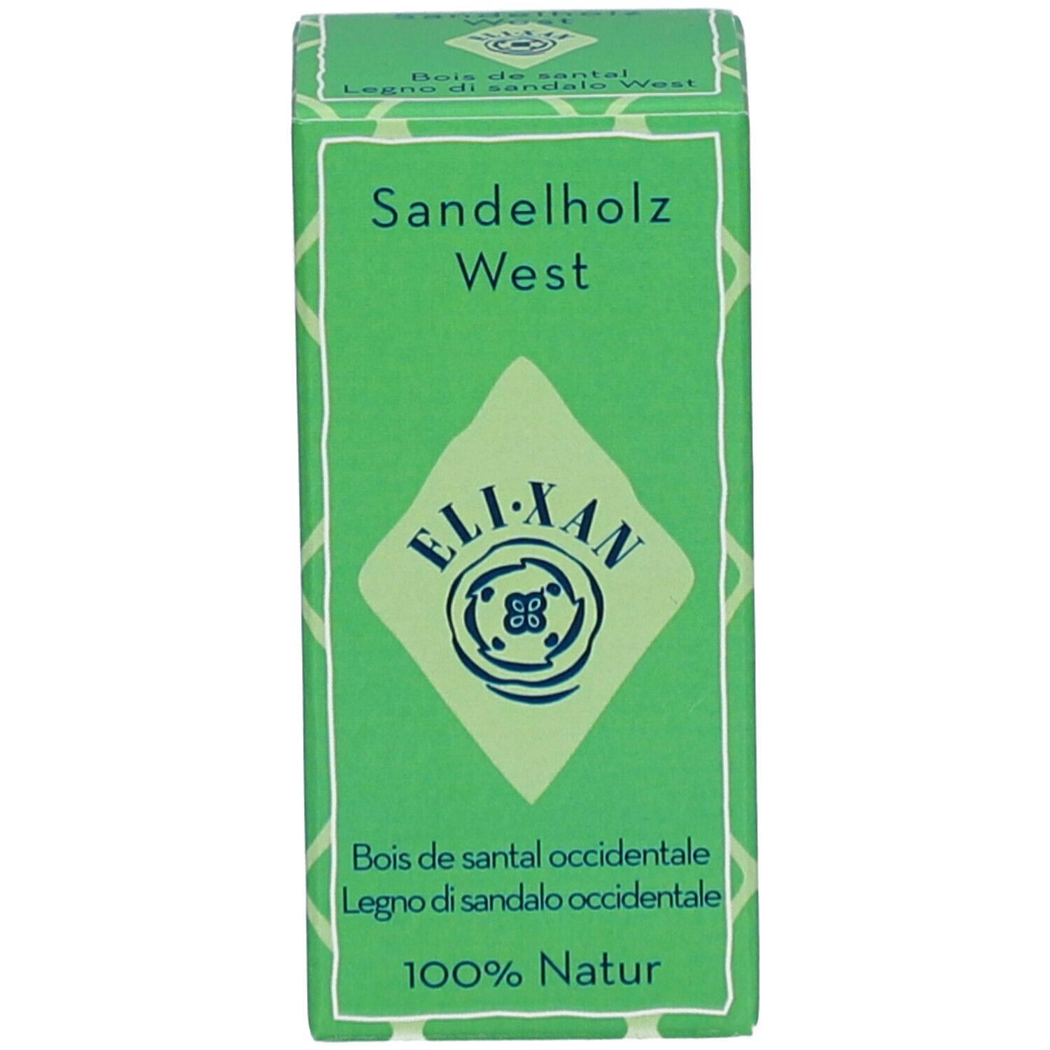 Grüne Produktverpackung. Produktname und Markenlogo. Text: 100% Natur.