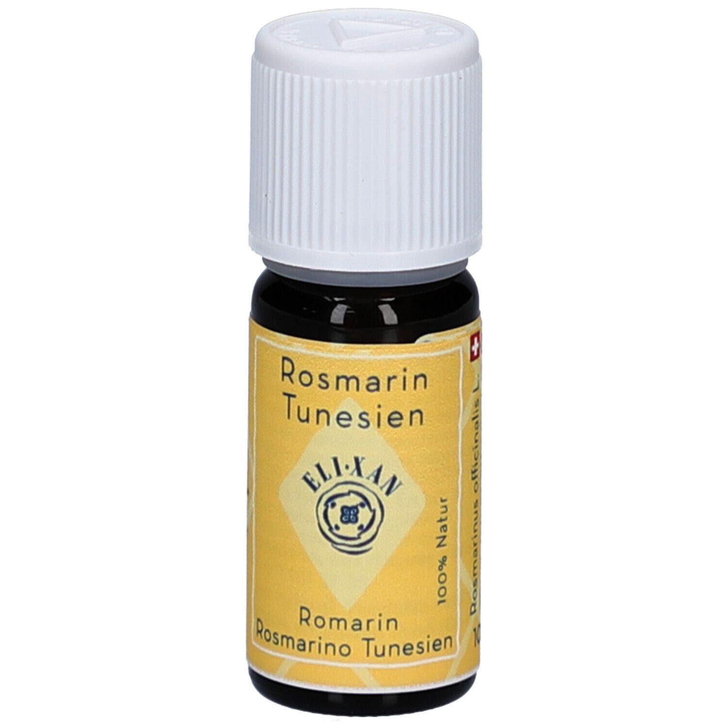 Flacon en verre brun avec bouchon blanc. Étiquette jaune avec texte: Rosmarin Tunesien, ELIXAN, 100% Natur. Croix suisse.