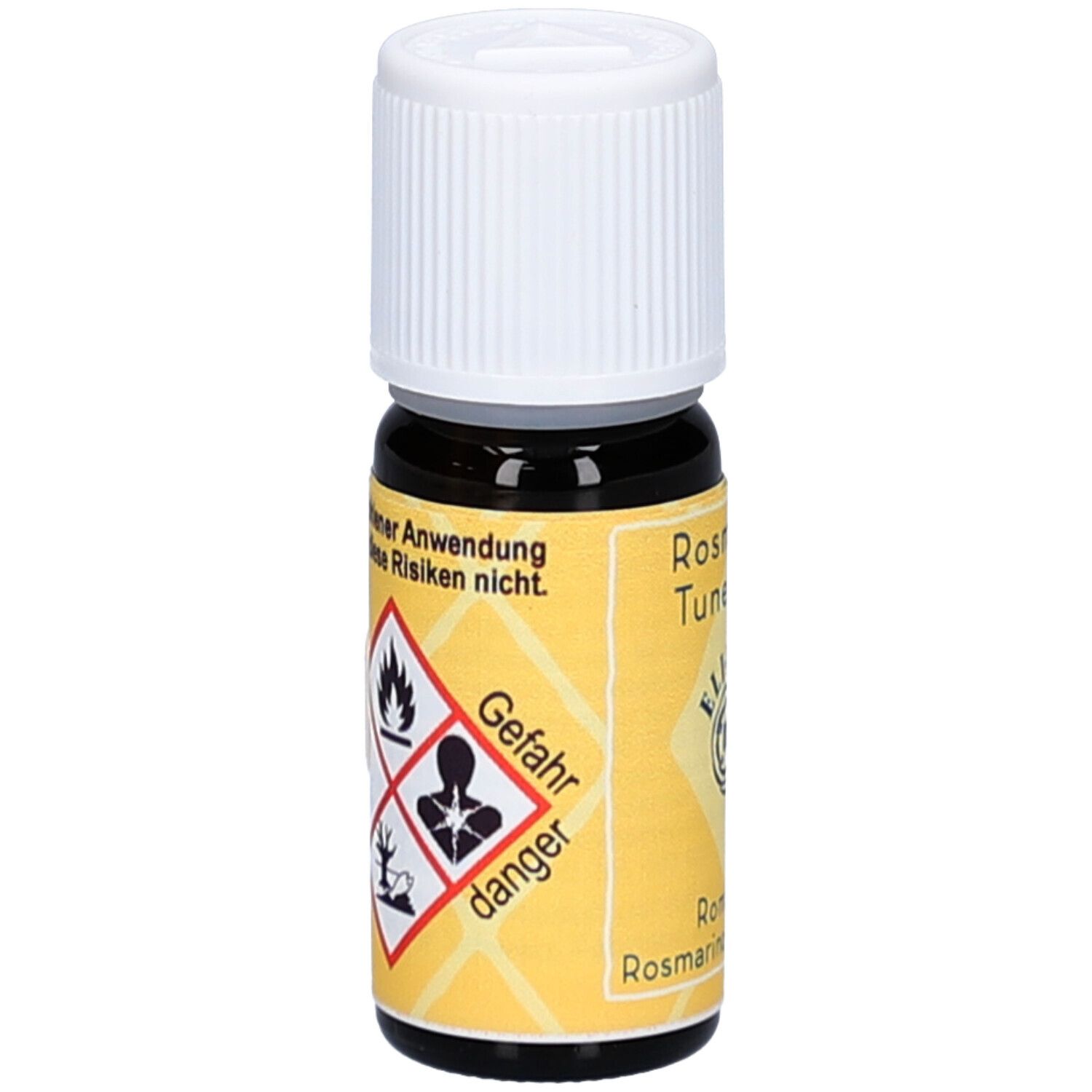 Flacon en verre brun avec bouchon blanc. Étiquette jaune avec symboles de danger: flamme, danger pour la santé, environnement. Texte: danger.