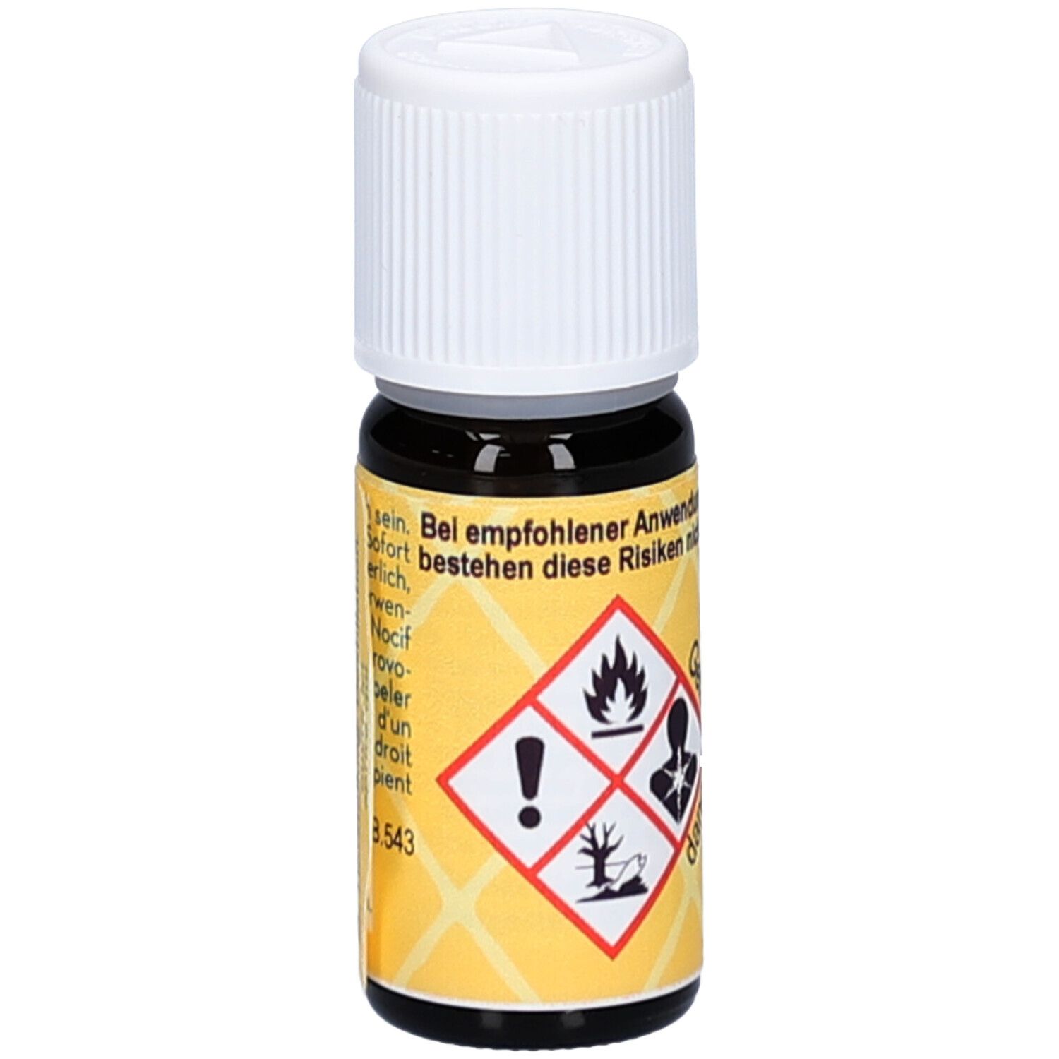 Flacon en verre brun avec bouchon blanc. Étiquette jaune avec symboles de danger: point d'exclamation, flamme, danger pour la santé, environnement.