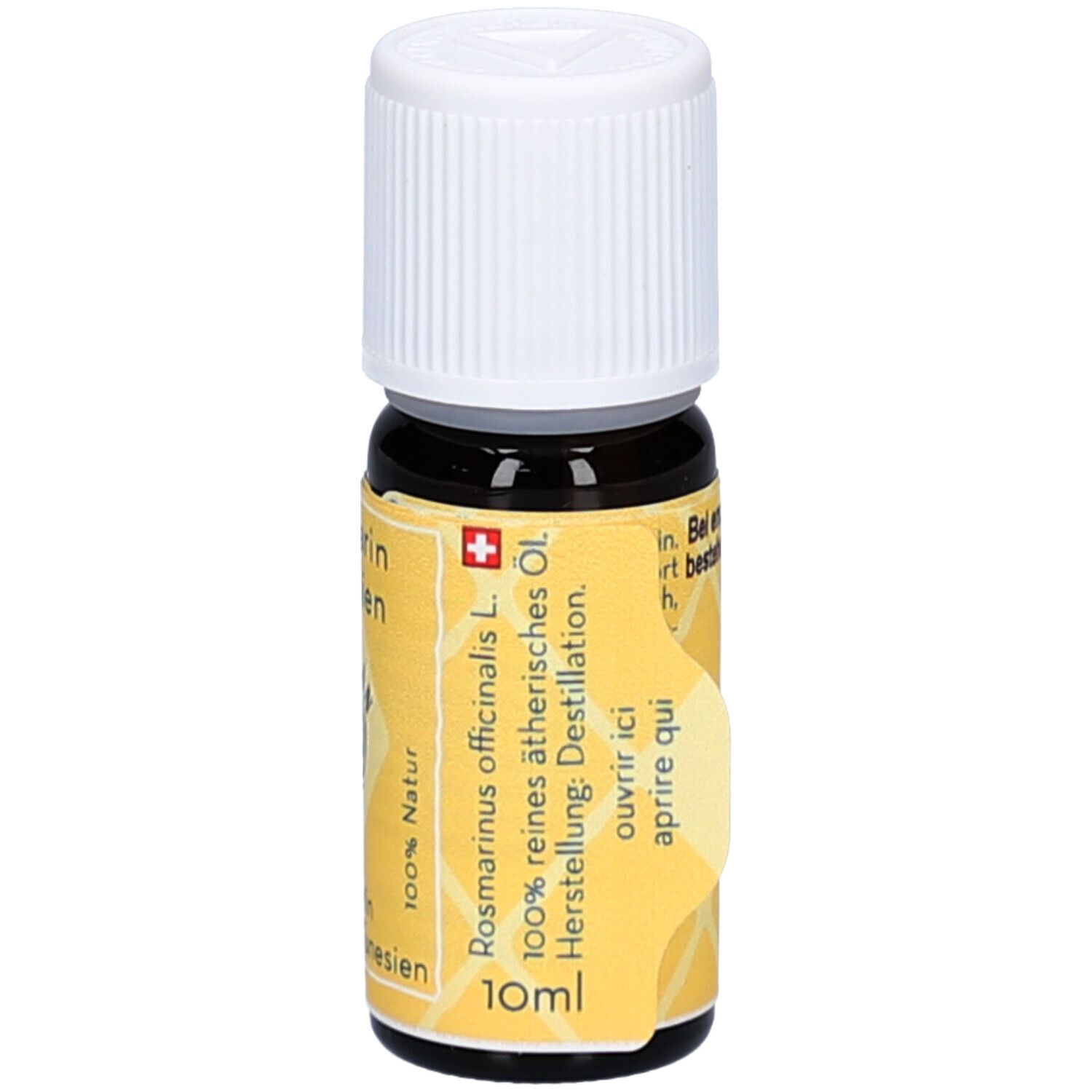 Flacon en verre brun avec bouchon blanc. Étiquette jaune avec texte: Rosmarin officinal, 100% huile essentielle pure. 10ml. Croix suisse.