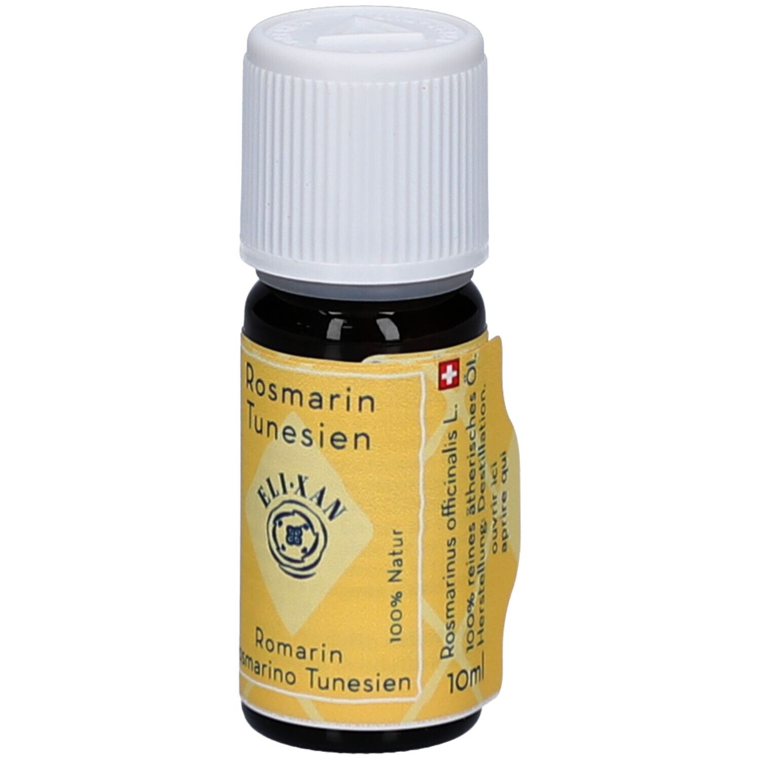 Flacon en verre brun avec bouchon blanc. Étiquette jaune avec texte: Rosmarin Tunesien, ELIXAN, 100% Natur. Croix suisse. 10ml.